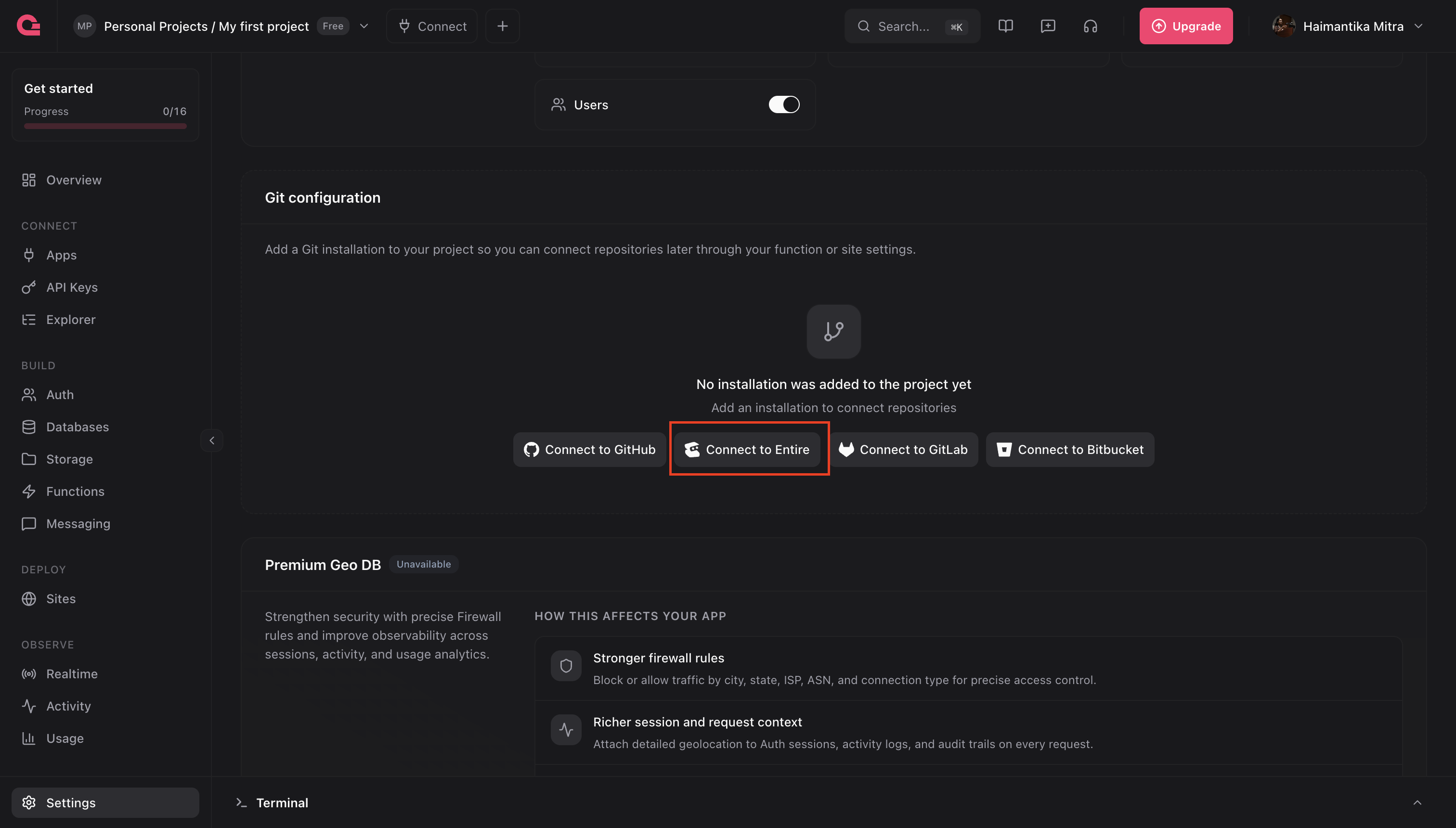 Appwrite project settings with Connect to Entire highlighted under Git configuration