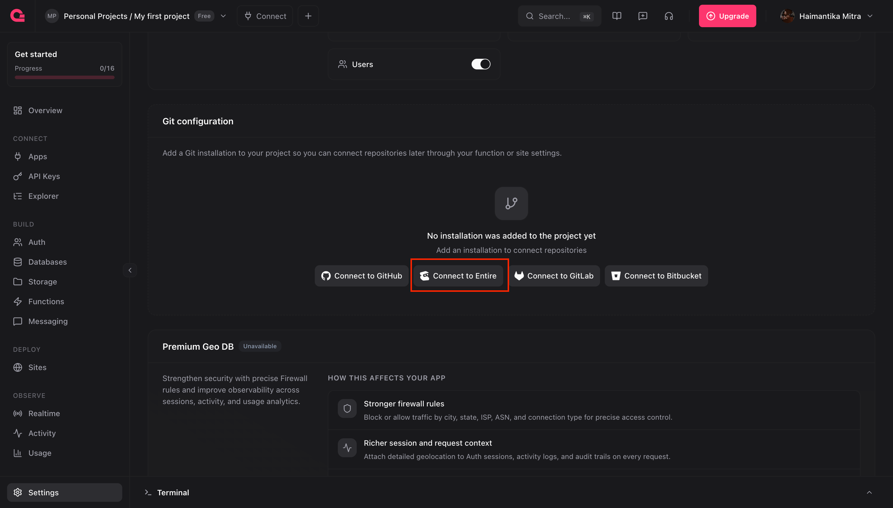 Appwrite project settings with Connect to Entire highlighted under Git configuration