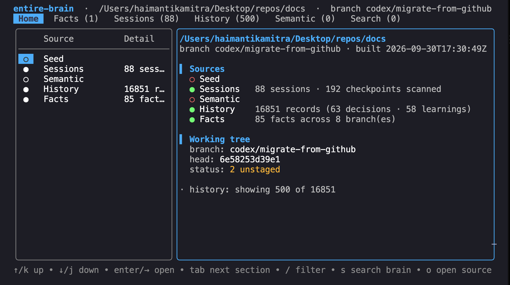 Brain terminal dashboard showing memory sources, session counts, saved facts, and working tree status.