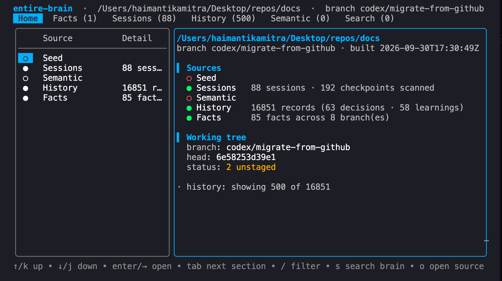 Brain terminal dashboard showing memory sources, session counts, saved facts, and working tree status.