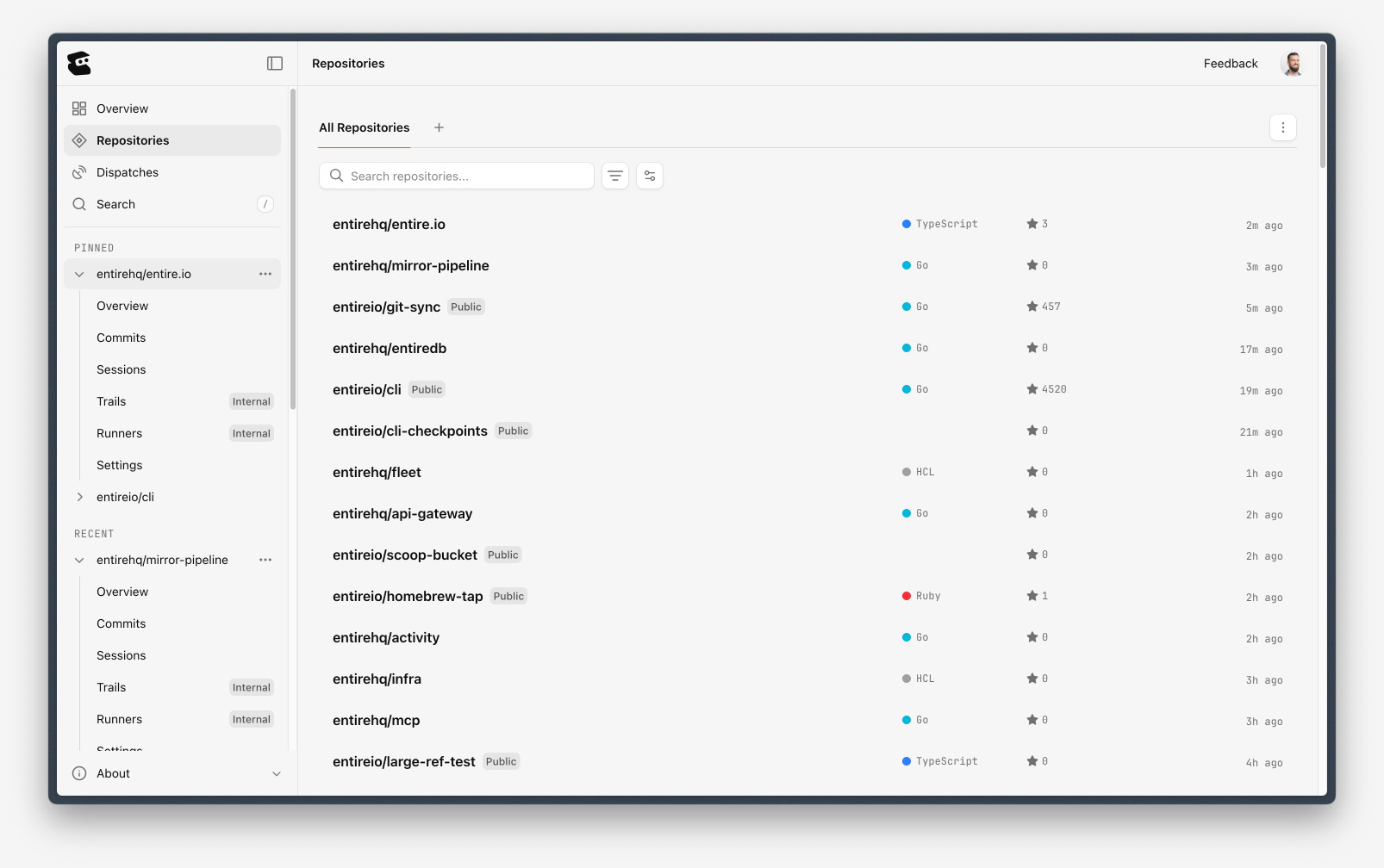 Mirrored repositories listed in Entire.io