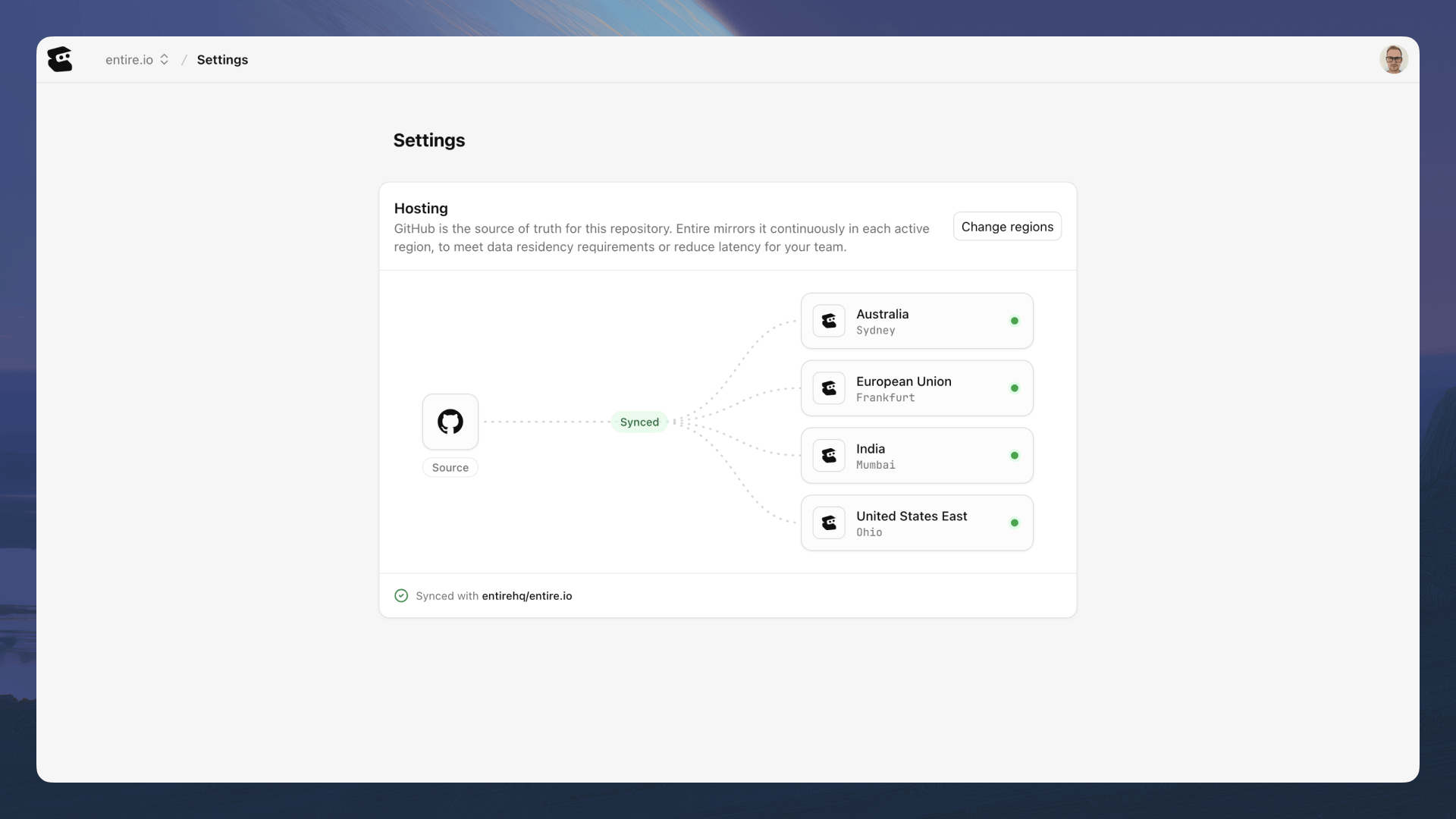 GitHub repository mirrored across Entire regions in Australia, Germany, India, and the United States