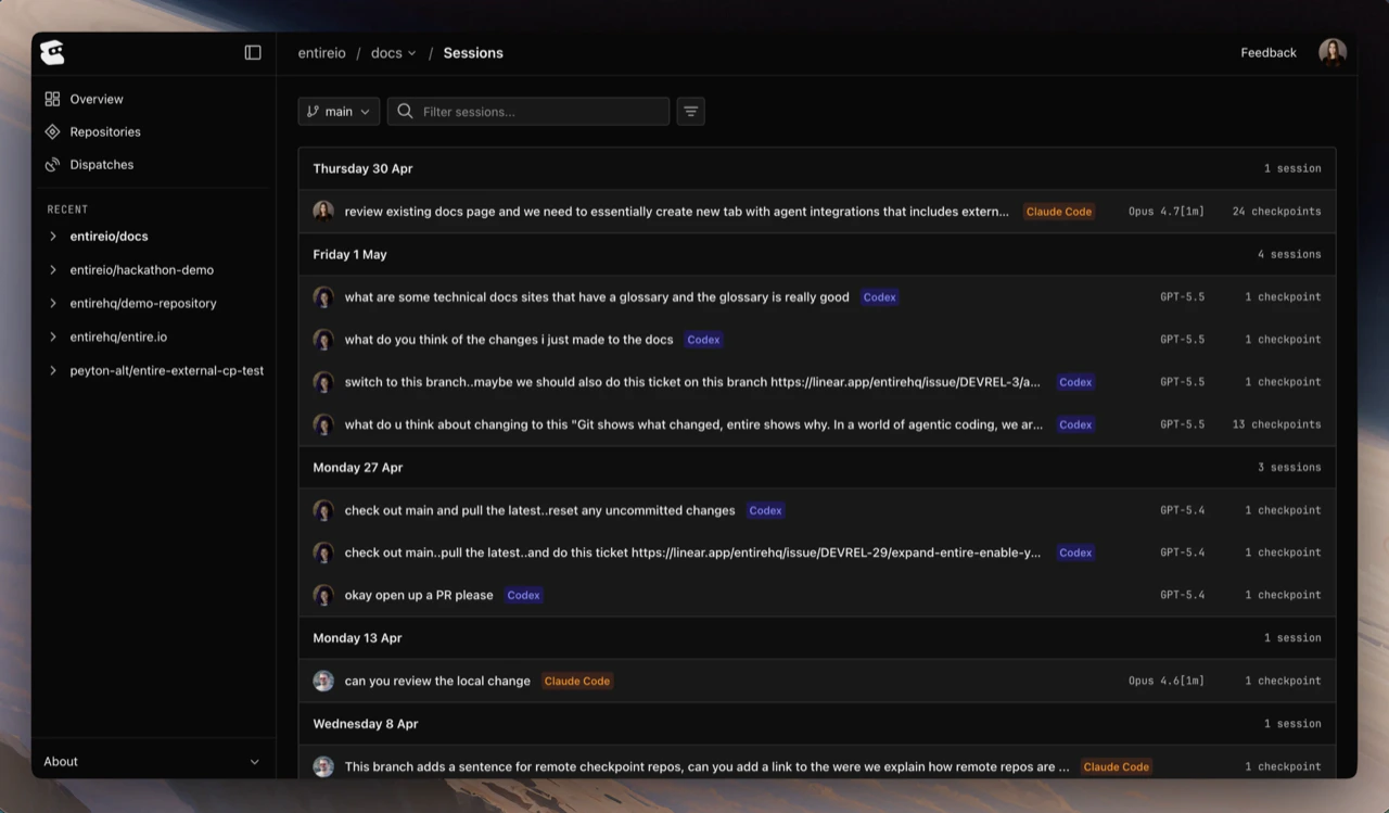 Sessions list inside a checkpoint
