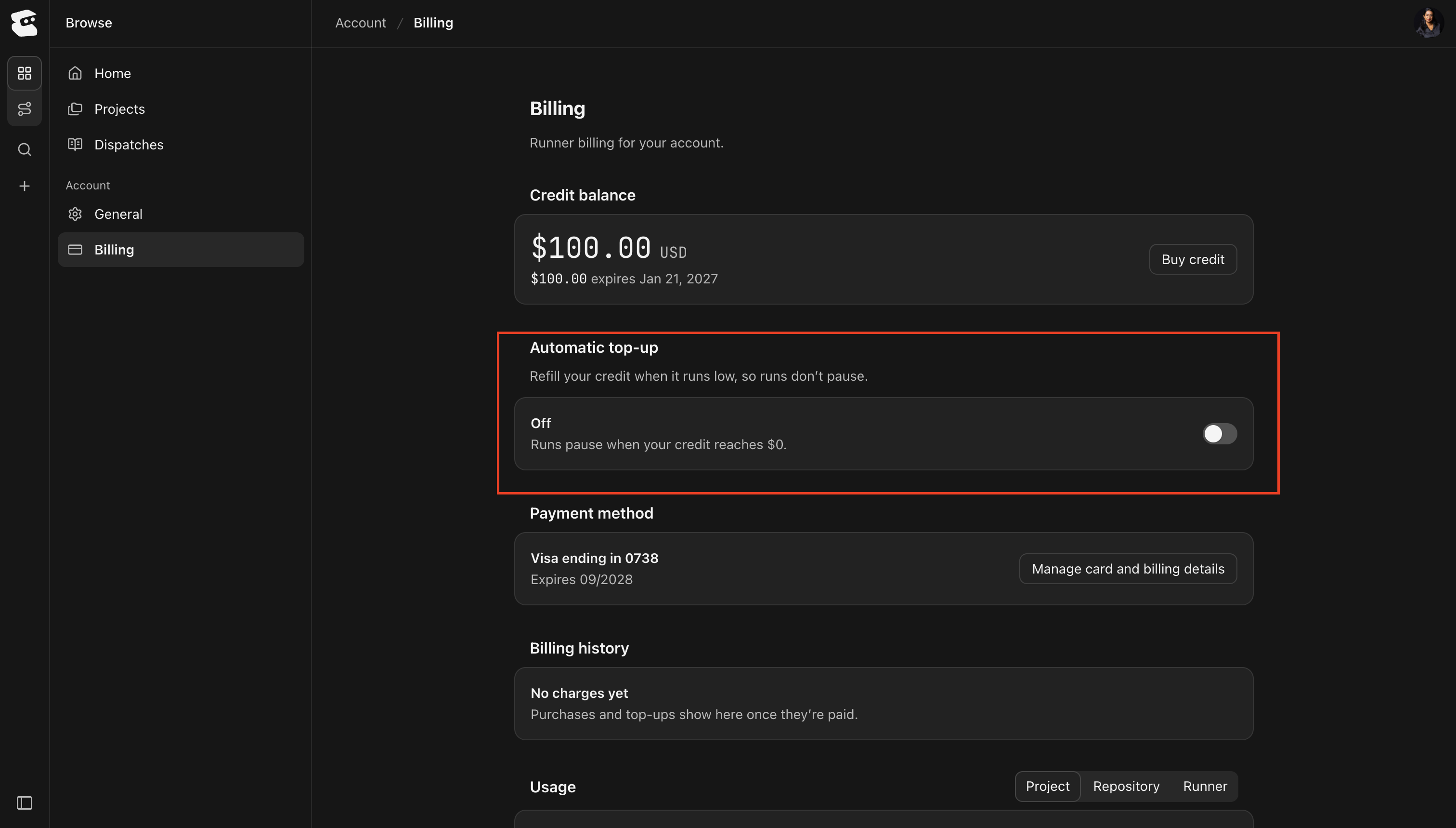 Account Billing page with the Automatic top-up section and its toggle highlighted