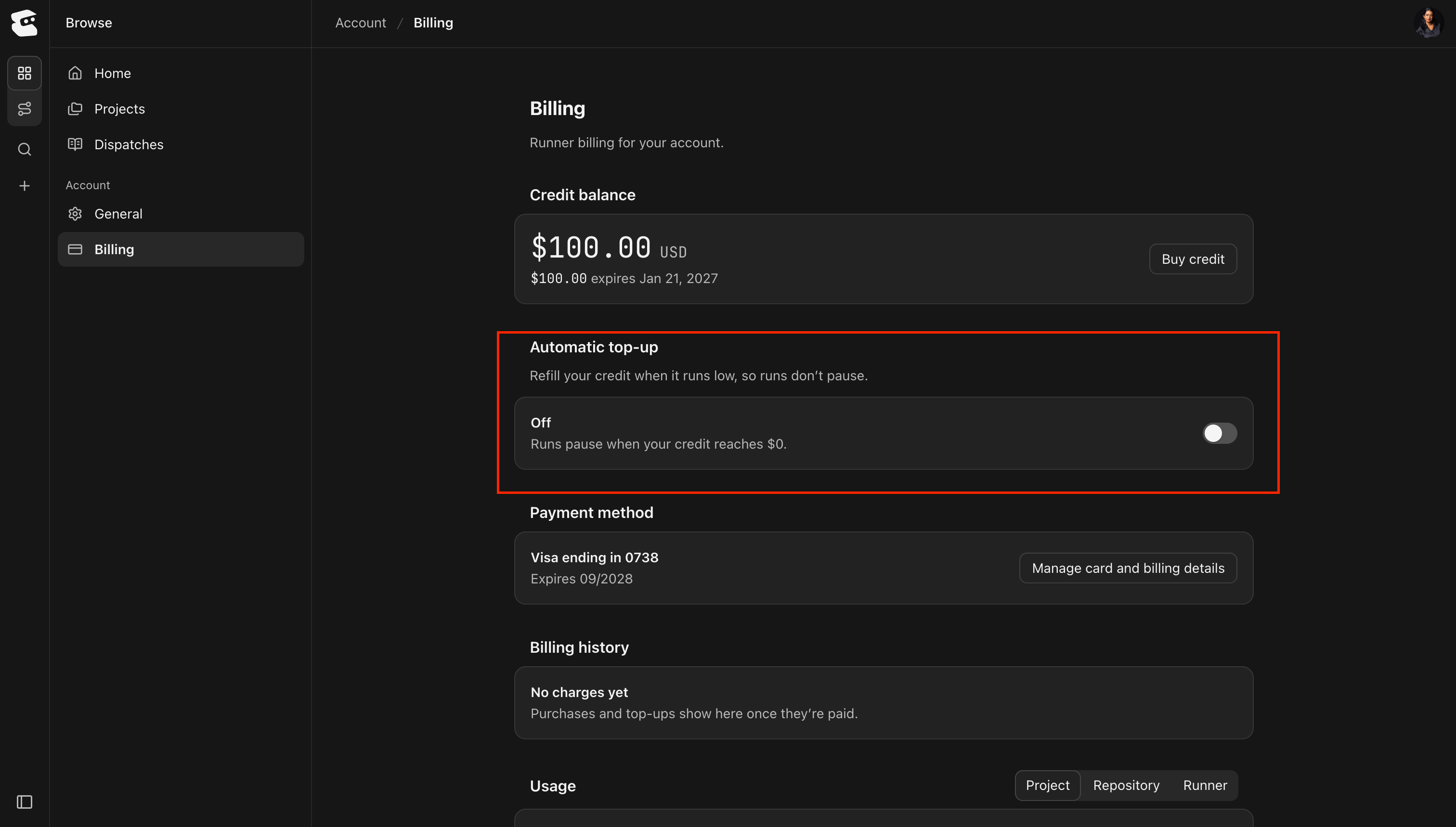 Account Billing page with the Automatic top-up section and its toggle highlighted