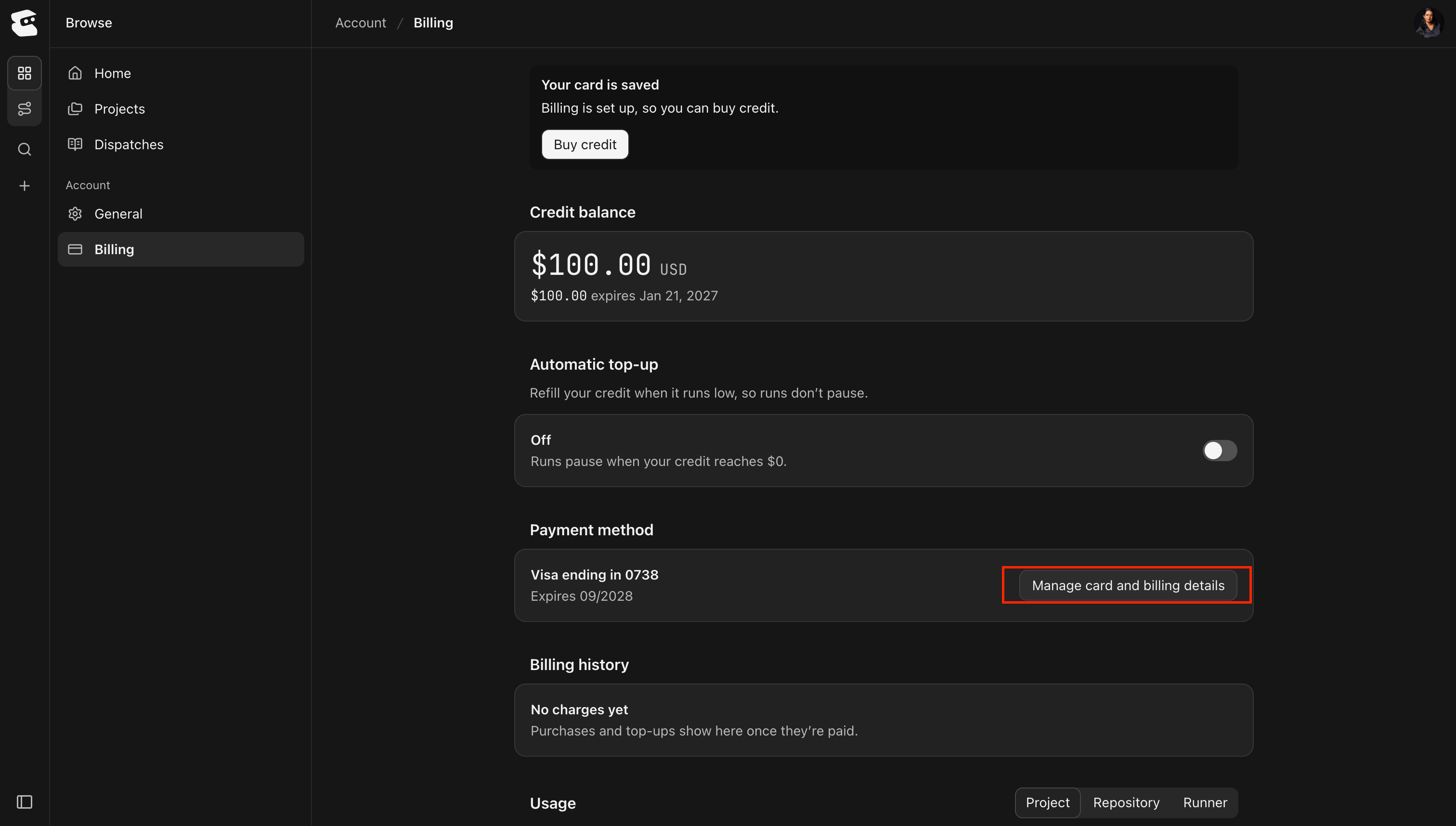 Account Billing page with Manage card and billing details highlighted under Payment method