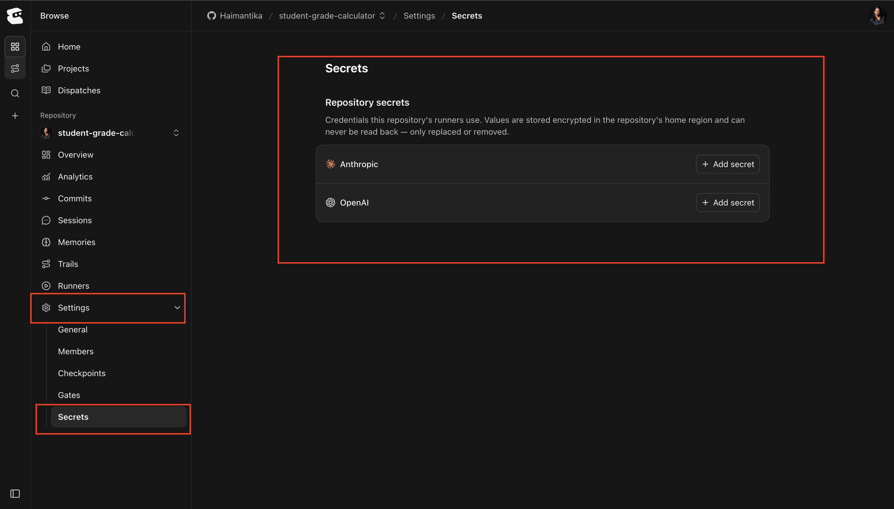Repository Settings with Secrets selected and Add secret buttons for Anthropic and OpenAI