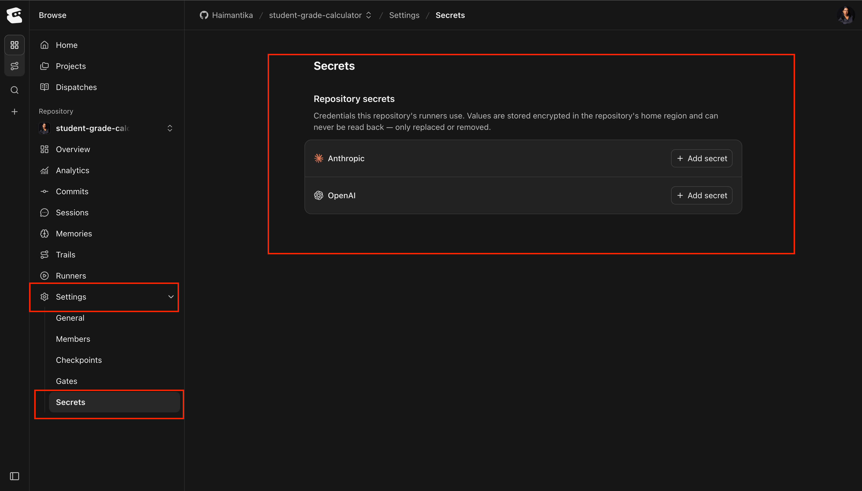 Repository Settings with Secrets selected and Add secret buttons for Anthropic and OpenAI