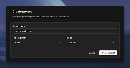 Create project dialog with fields for project name, project owner, and region