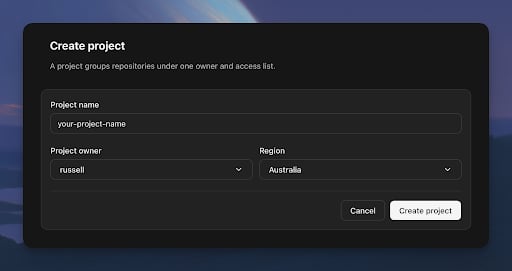 Create project dialog with fields for project name, project owner, and region