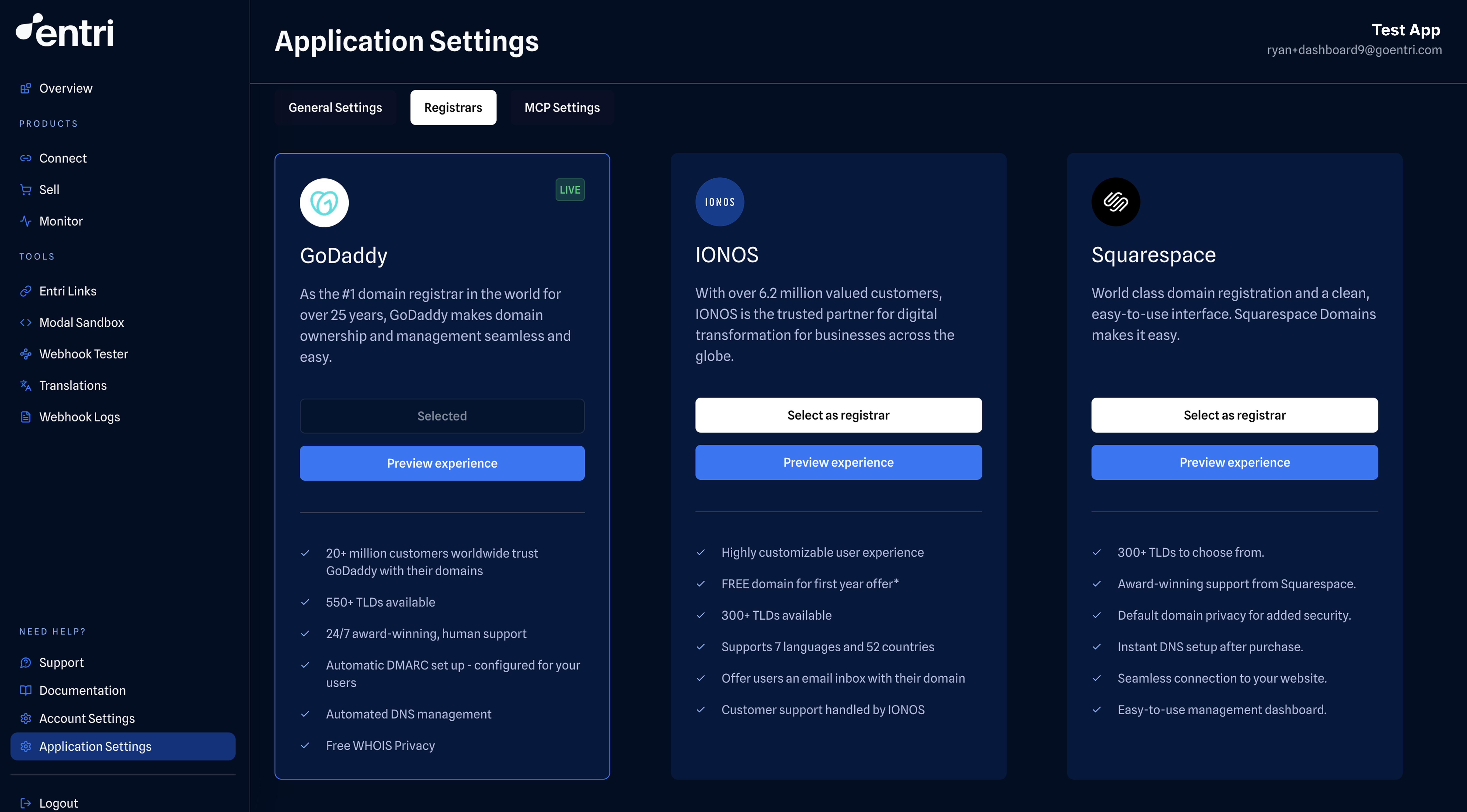 Select your Sell registrar partner