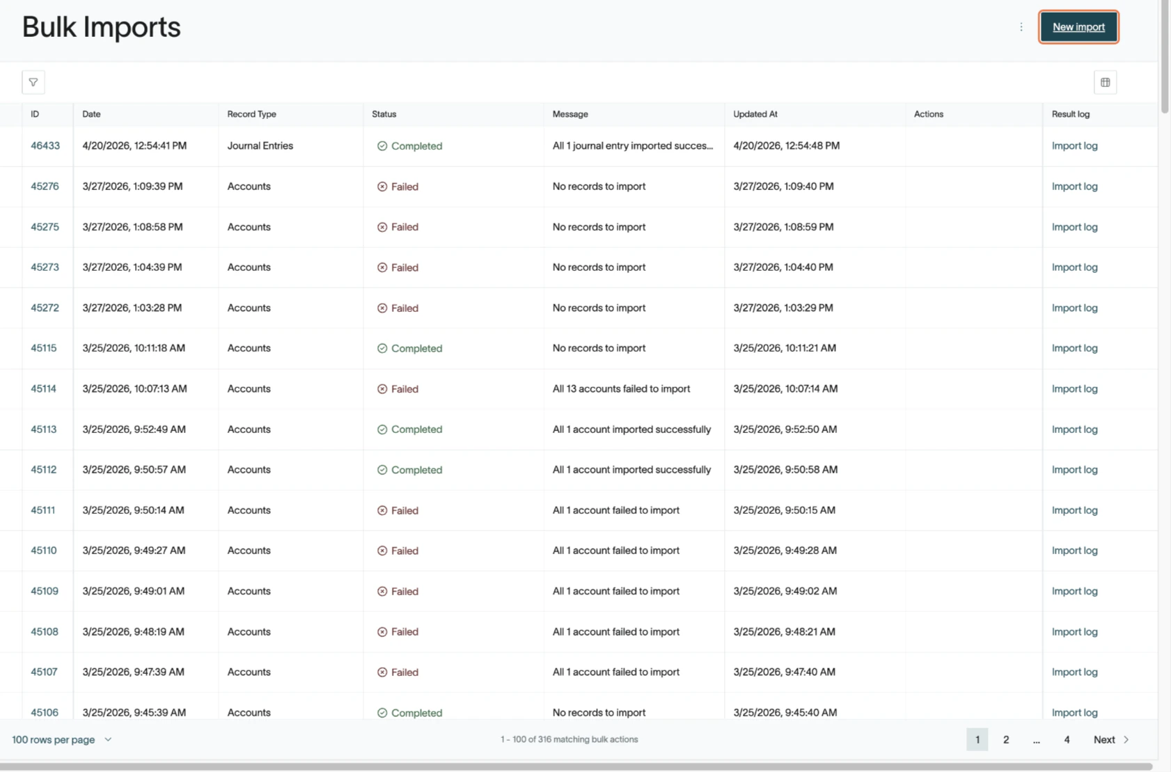 New Import button on the Bulk Imports page.