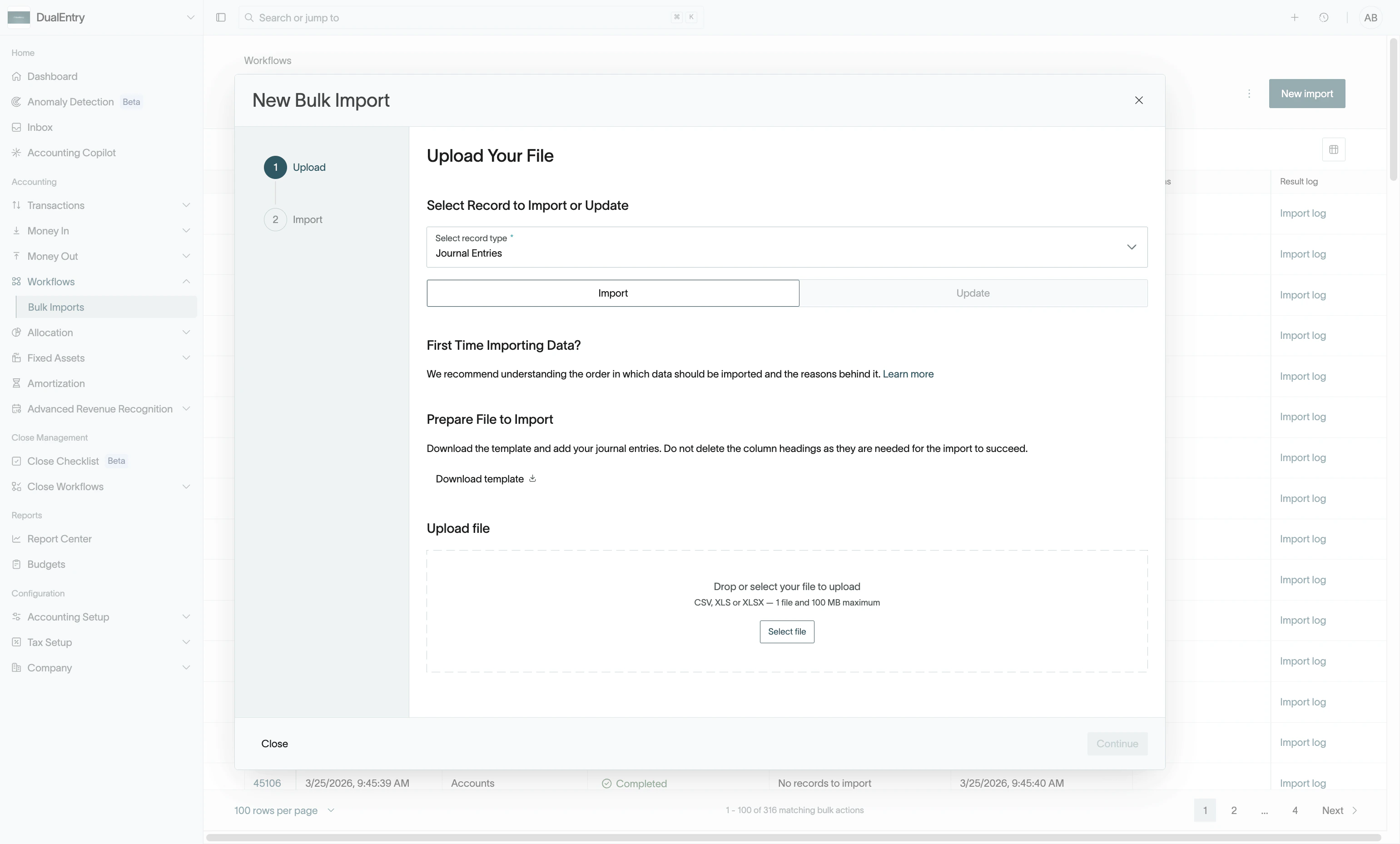 File upload and validation preview in the import wizard.