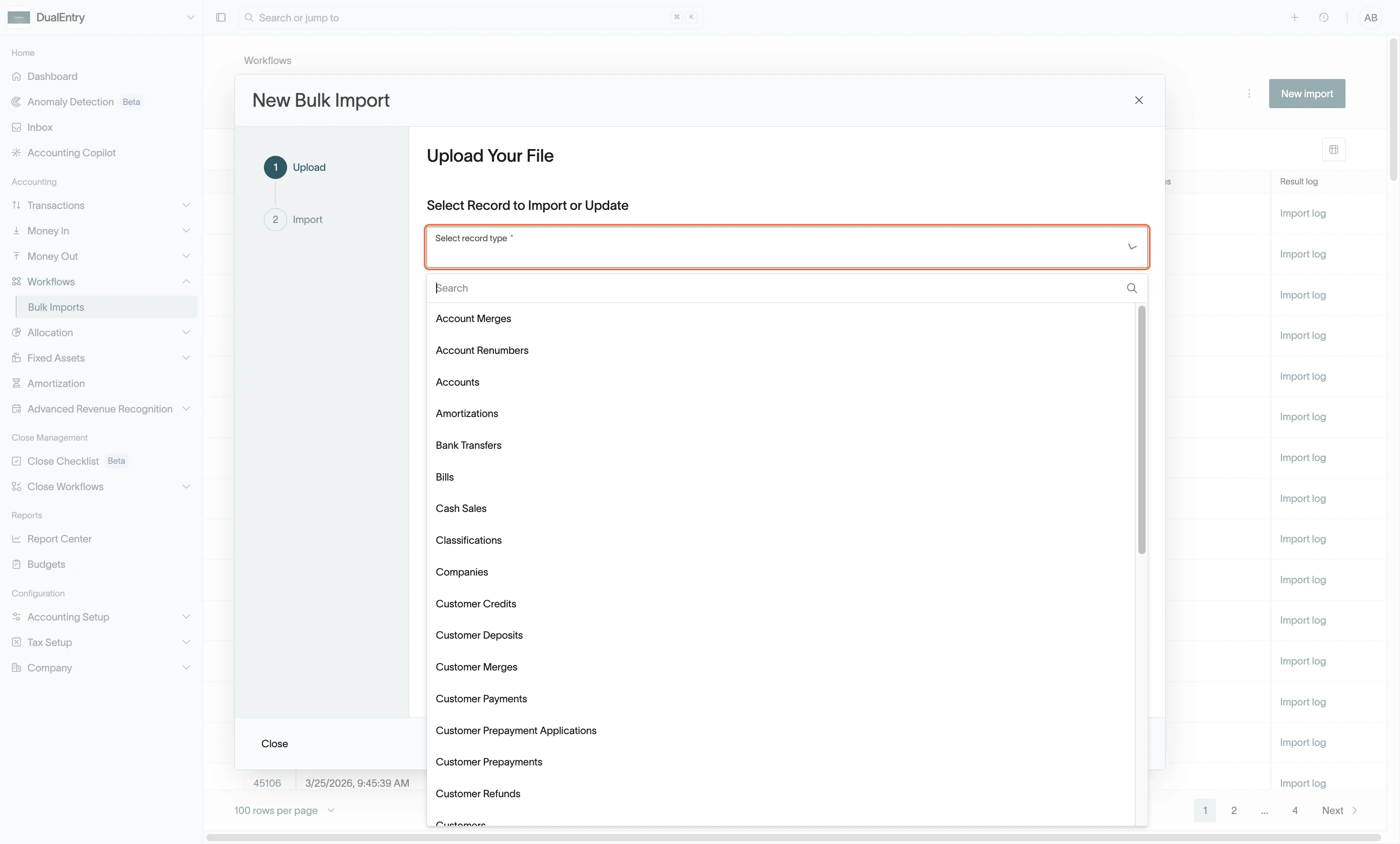 Record-type selector in the import wizard.