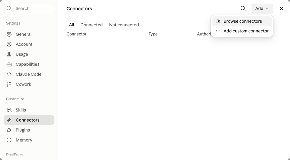 The Claude connectors page with the Add menu open, showing the Browse connectors and Add custom connector options
