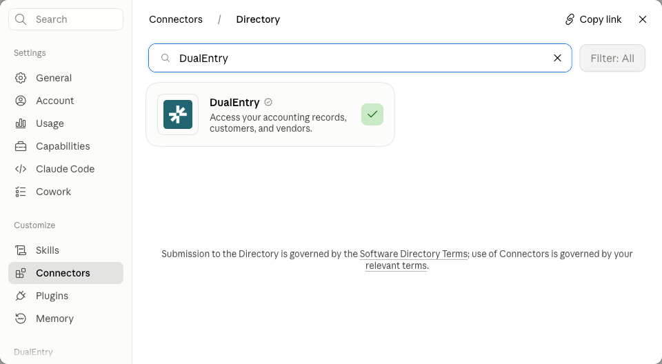 Claude's connector directory filtered to DualEntry, showing the verified DualEntry listing