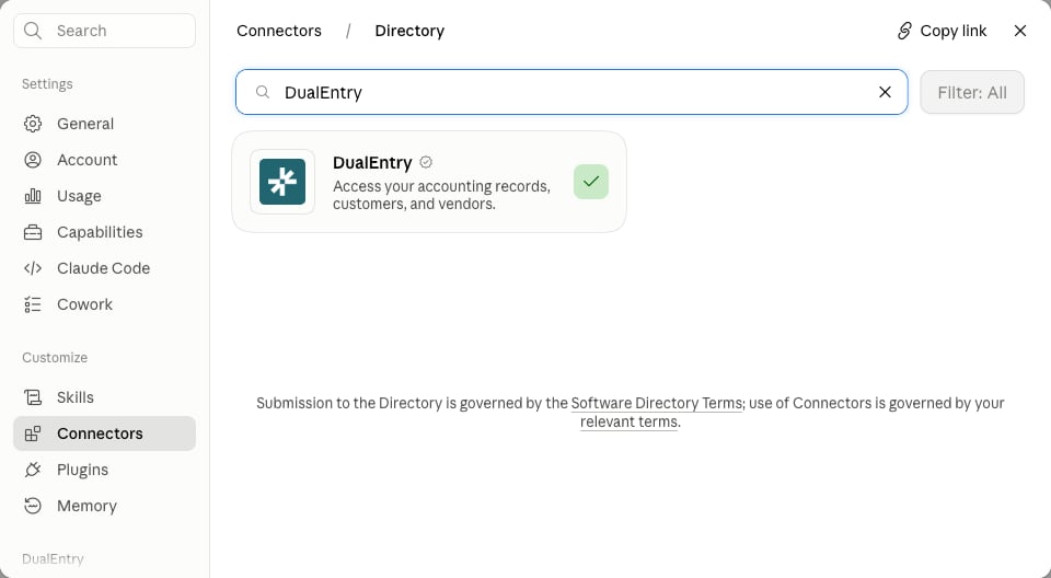 Claude's connector directory filtered to DualEntry, showing the verified DualEntry listing