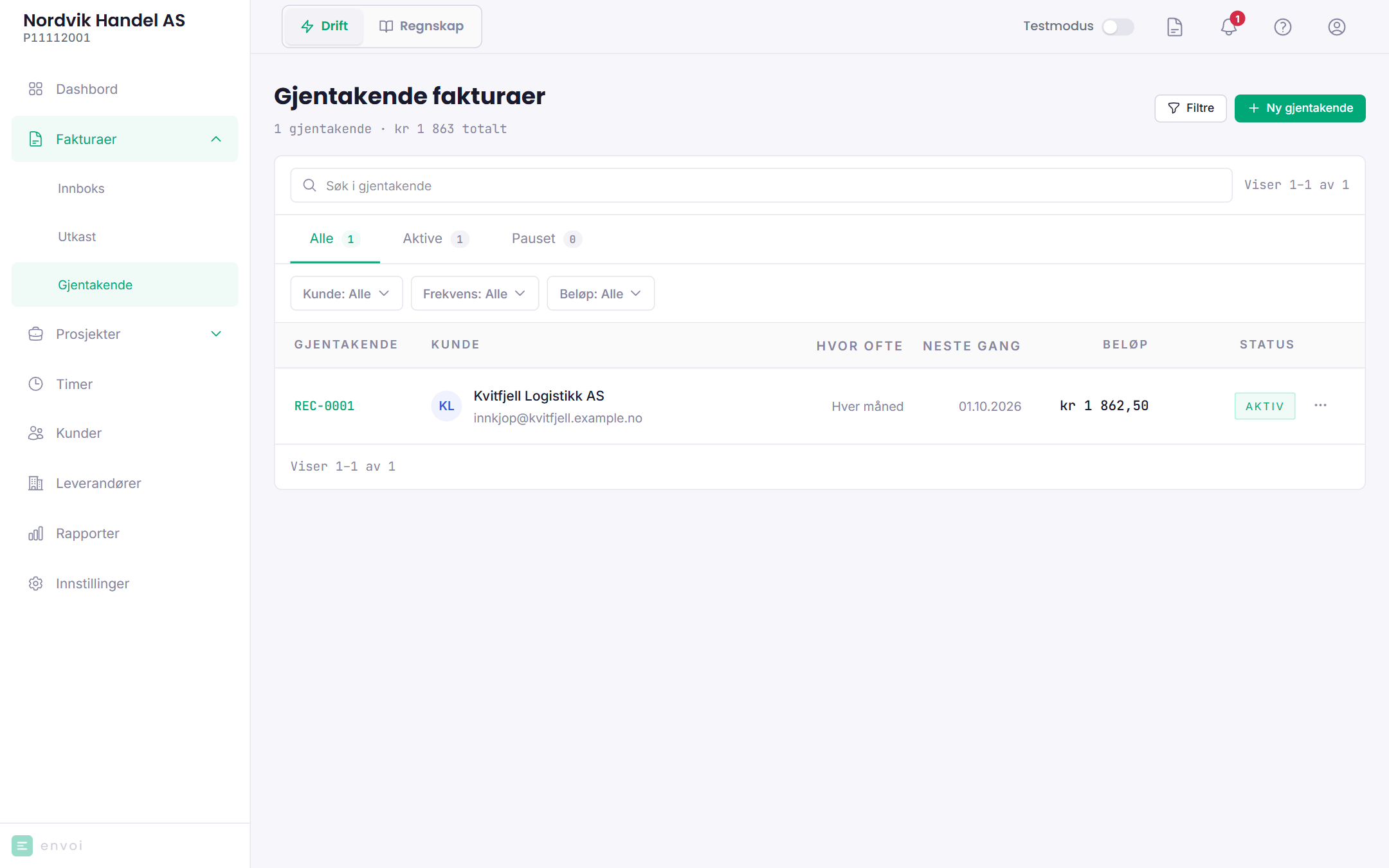 Listen over gjentakende fakturaer med frekvens, neste dato og status
