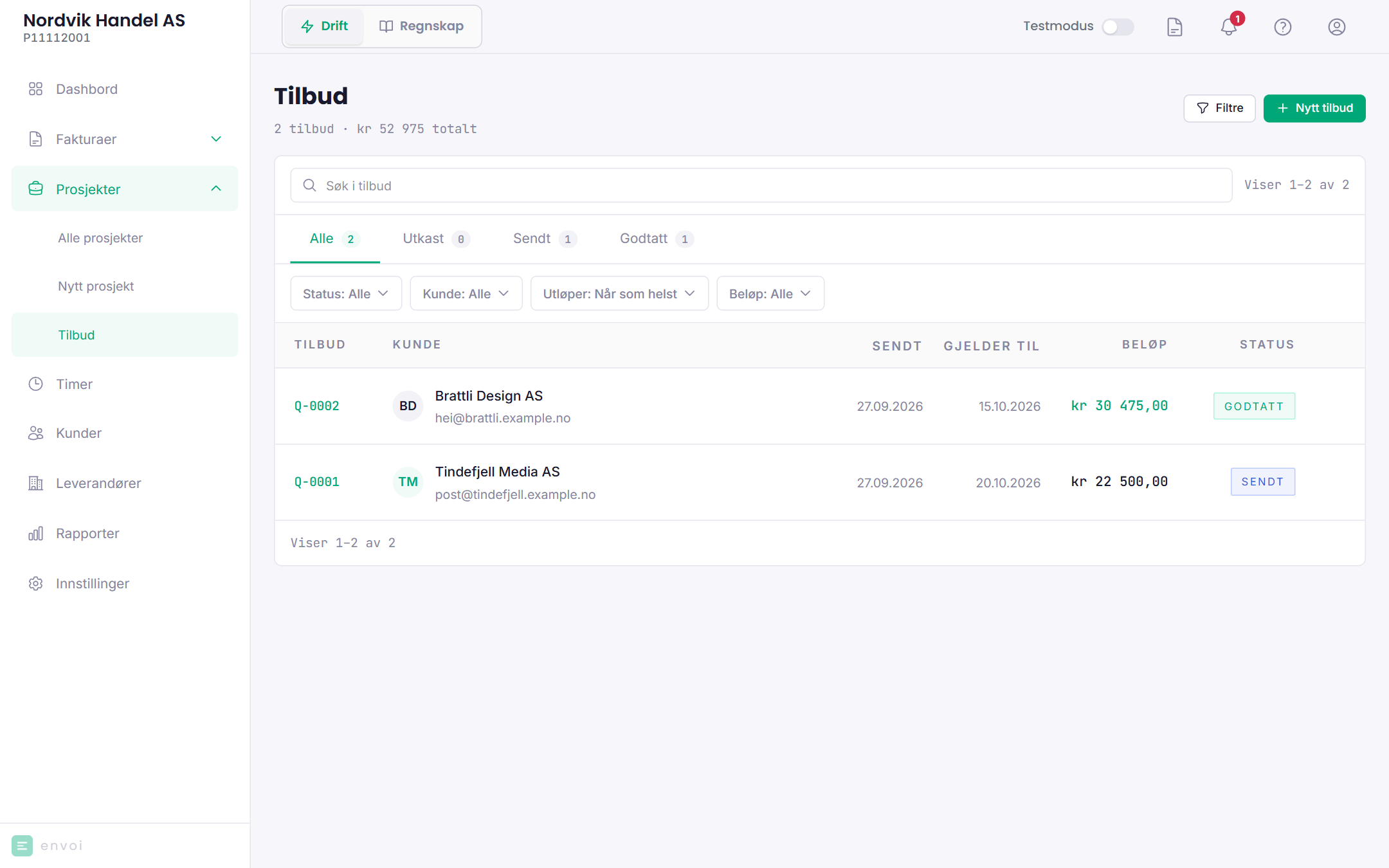 Listen over tilbud med status og gyldighetsdato