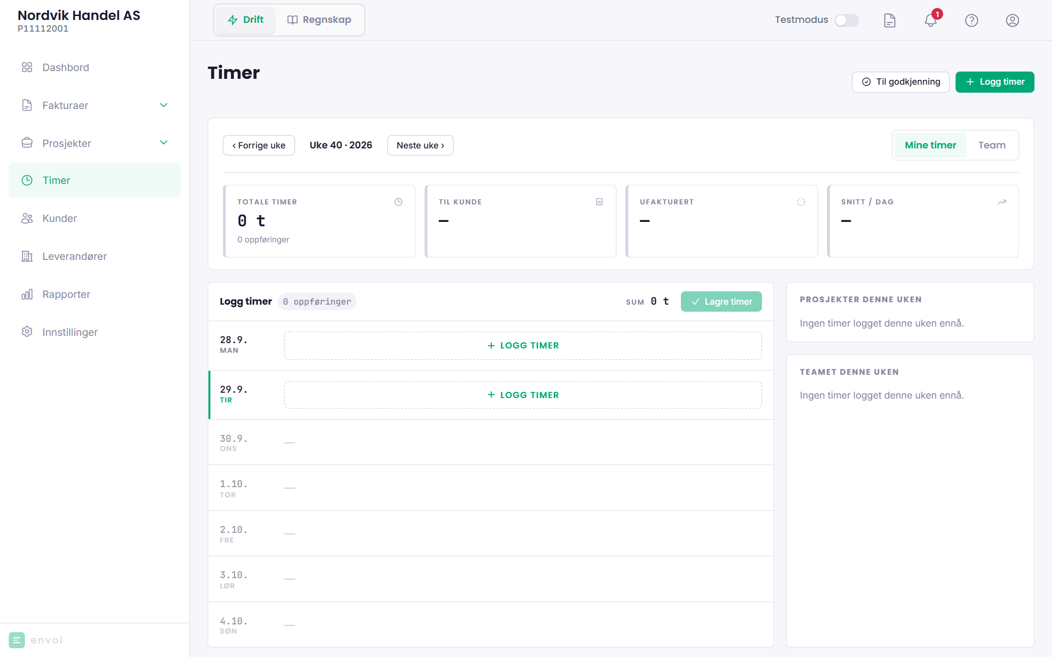 Timer-siden med uken, timer per dag og nøkkeltall