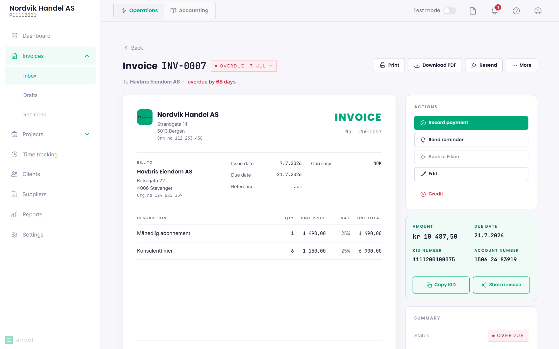 An overdue invoice with the actions Record payment, Send reminder and Credit