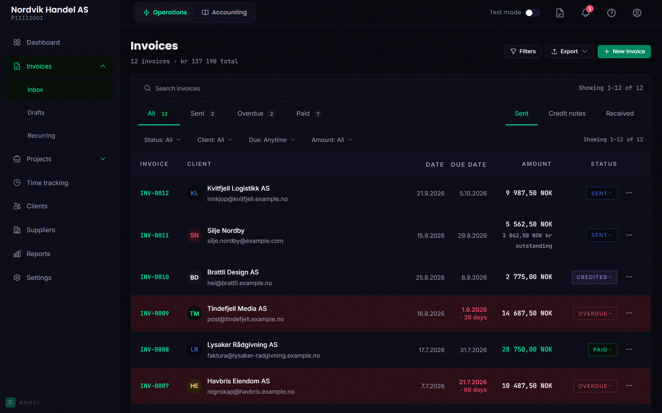 The invoice list with status tabs, filters and invoices