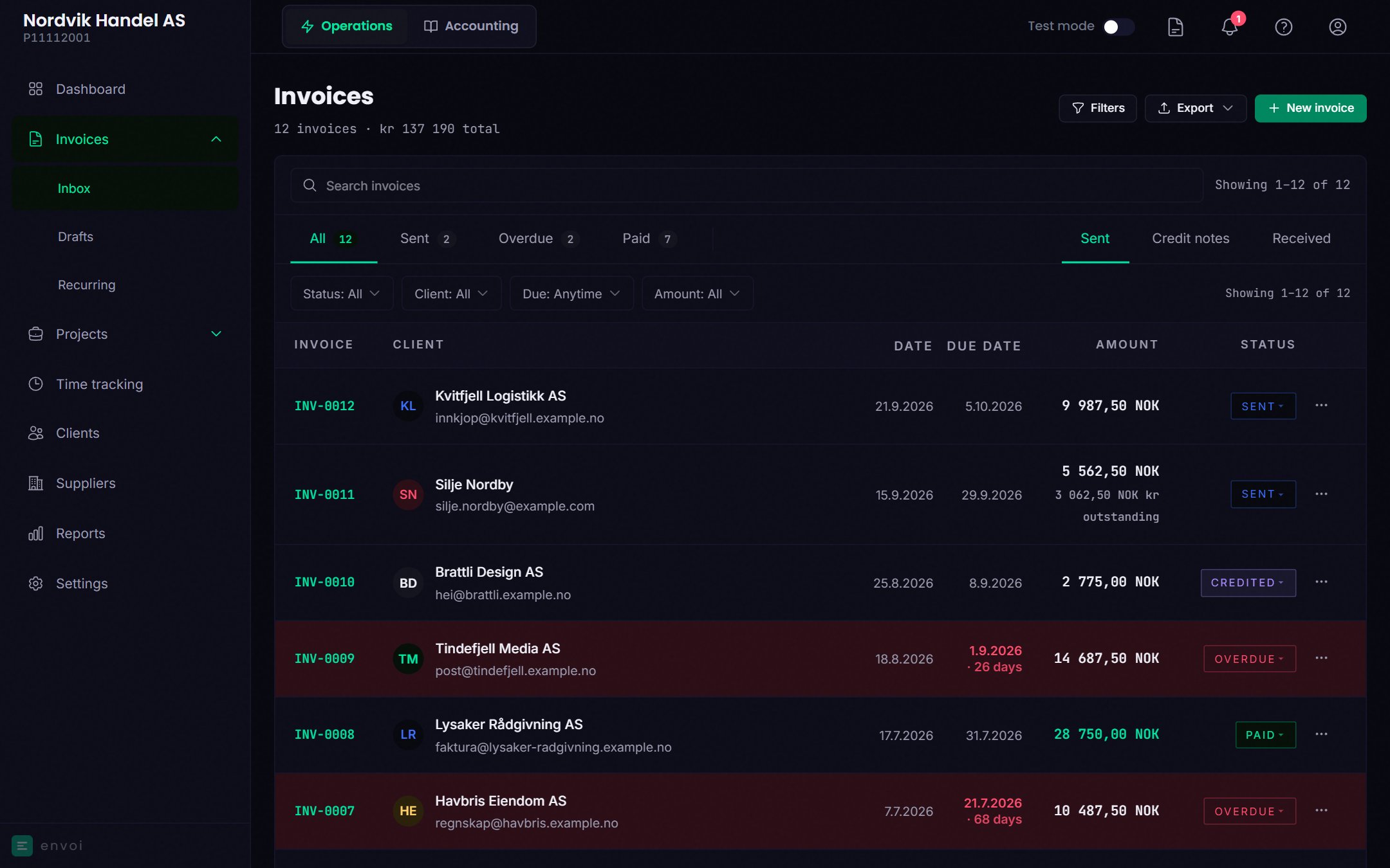 The invoice list with status tabs, filters and invoices