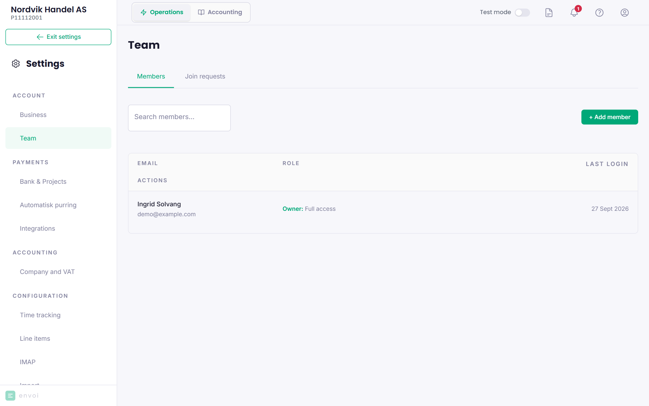 The Team page with members and pending invitations