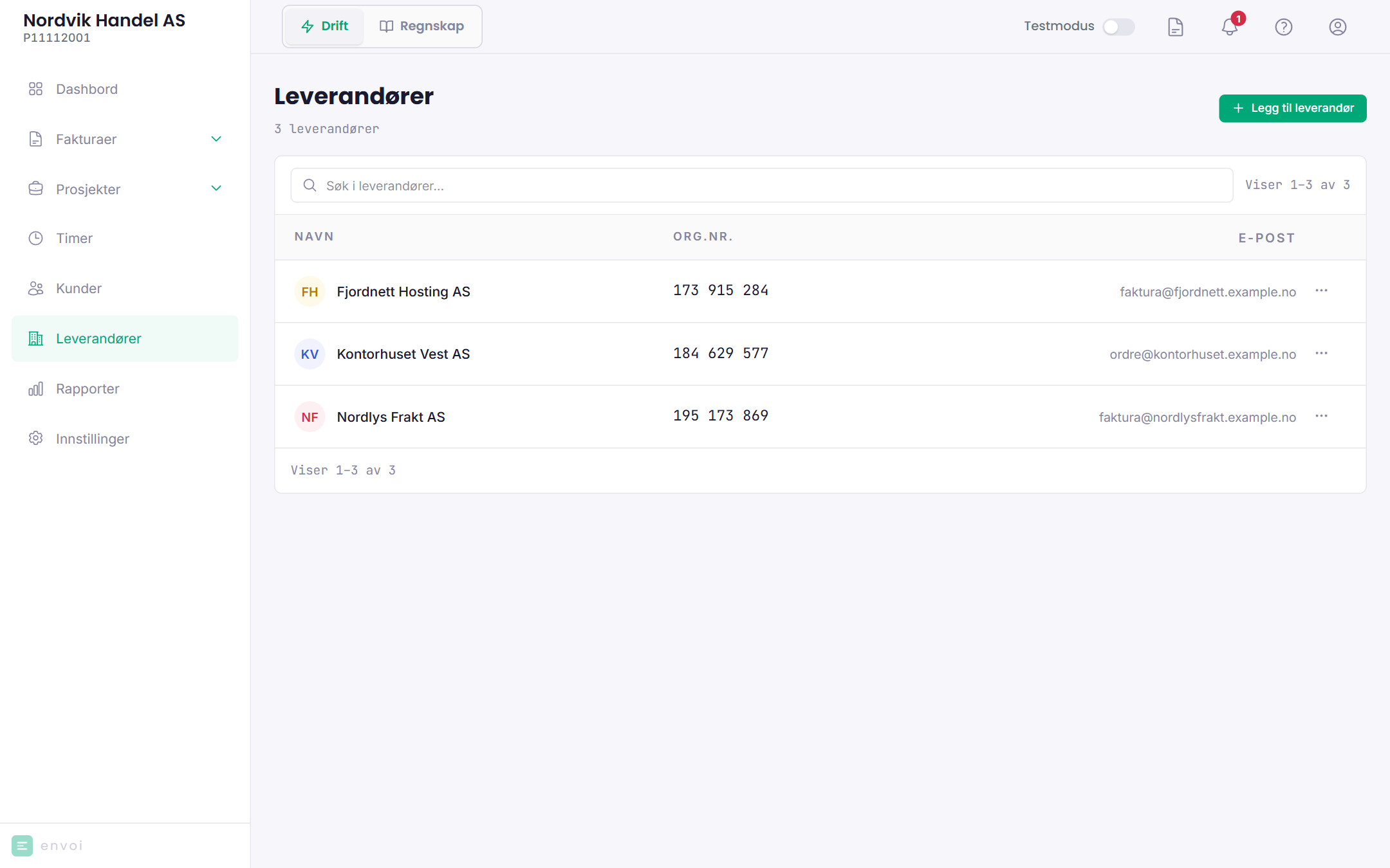 Leverandørlisten med navn, organisasjonsnummer og e-post
