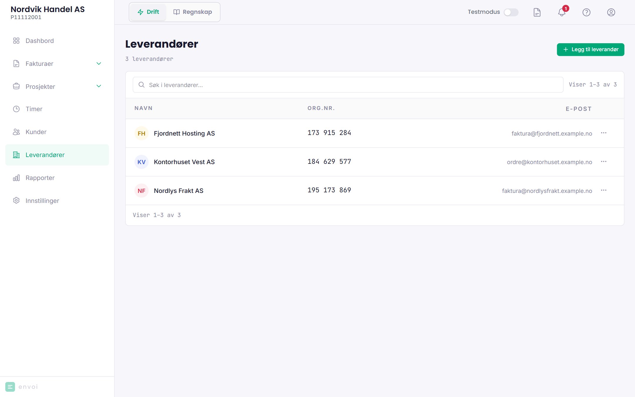 Leverandørlisten med navn, organisasjonsnummer og e-post