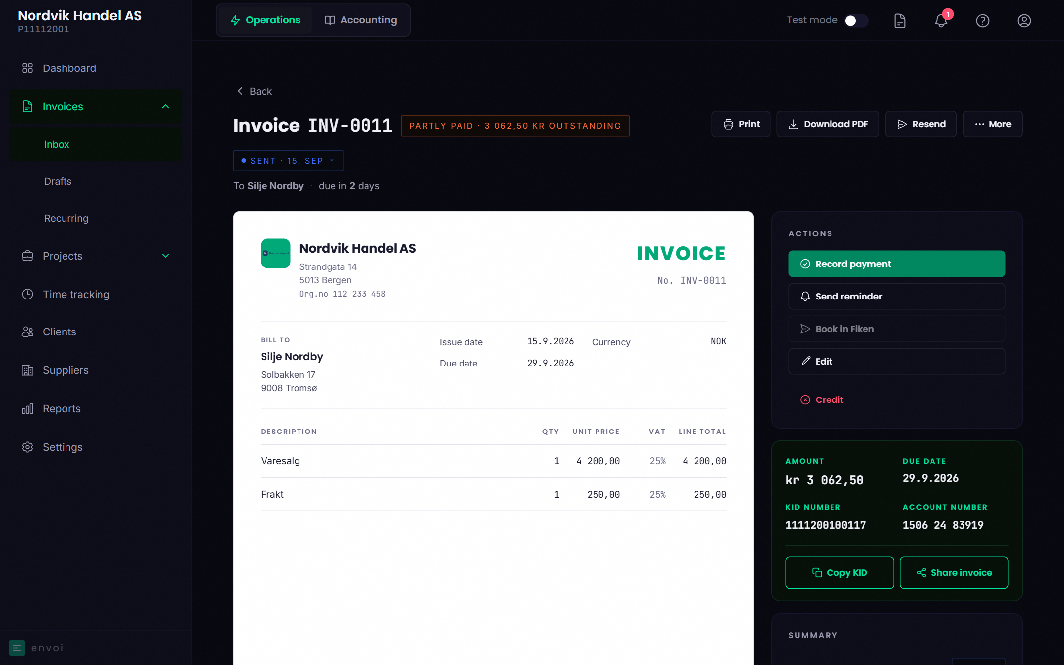 A partly paid invoice with the list of payments and the amount that remains