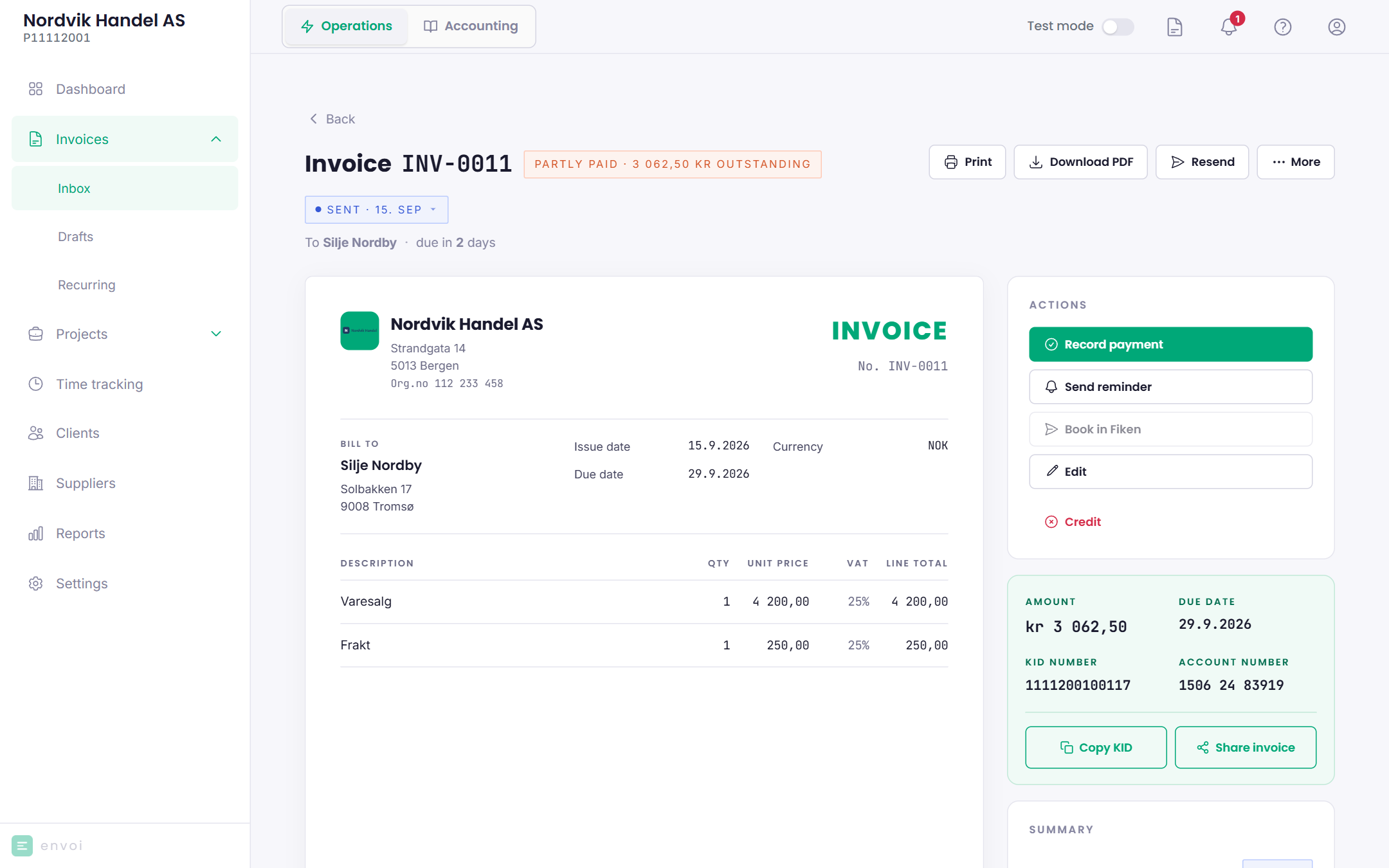 A partly paid invoice with the list of payments and the amount that remains
