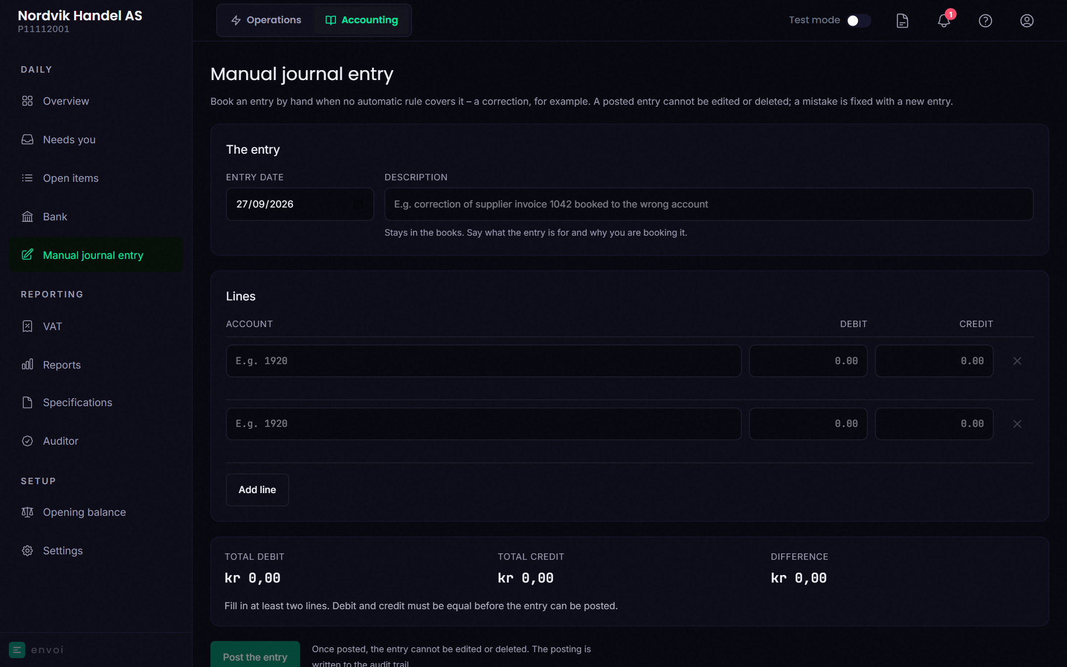 The manual journal entry form with date, description and lines