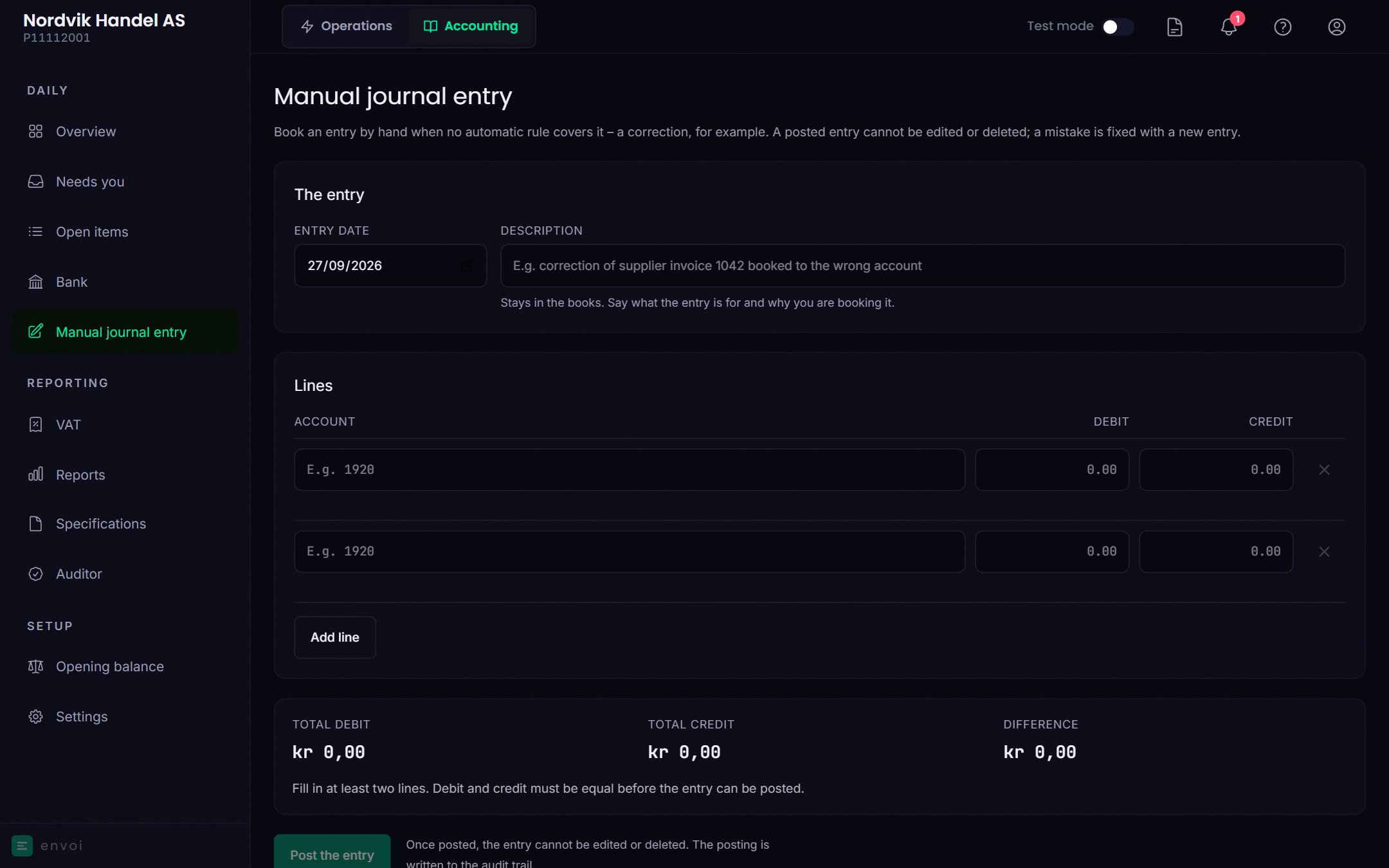 The manual journal entry form with date, description and lines