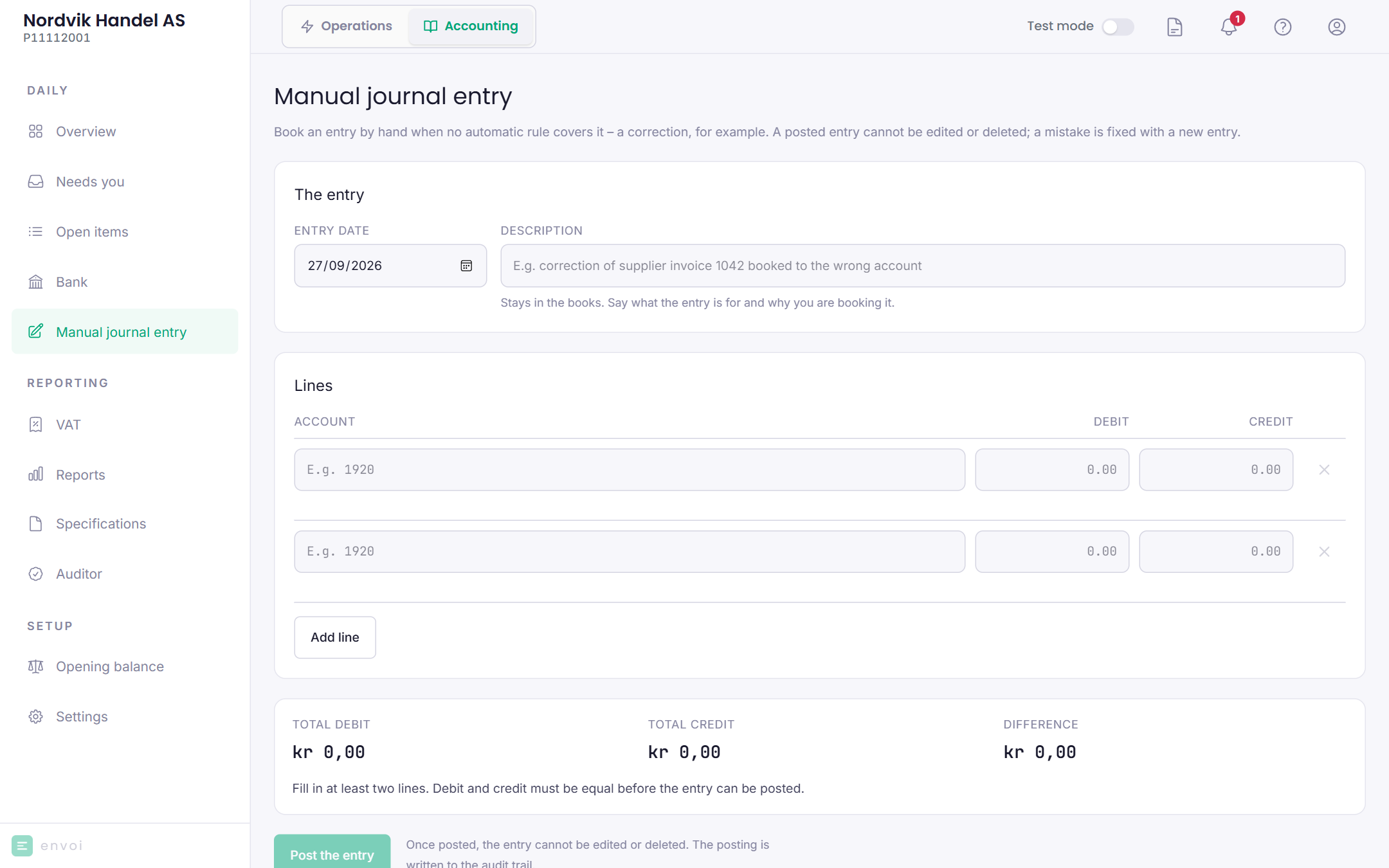 The manual journal entry form with date, description and lines
