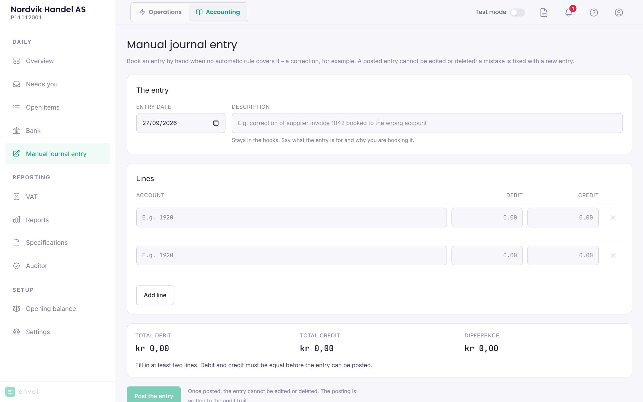 The manual journal entry form with date, description and lines