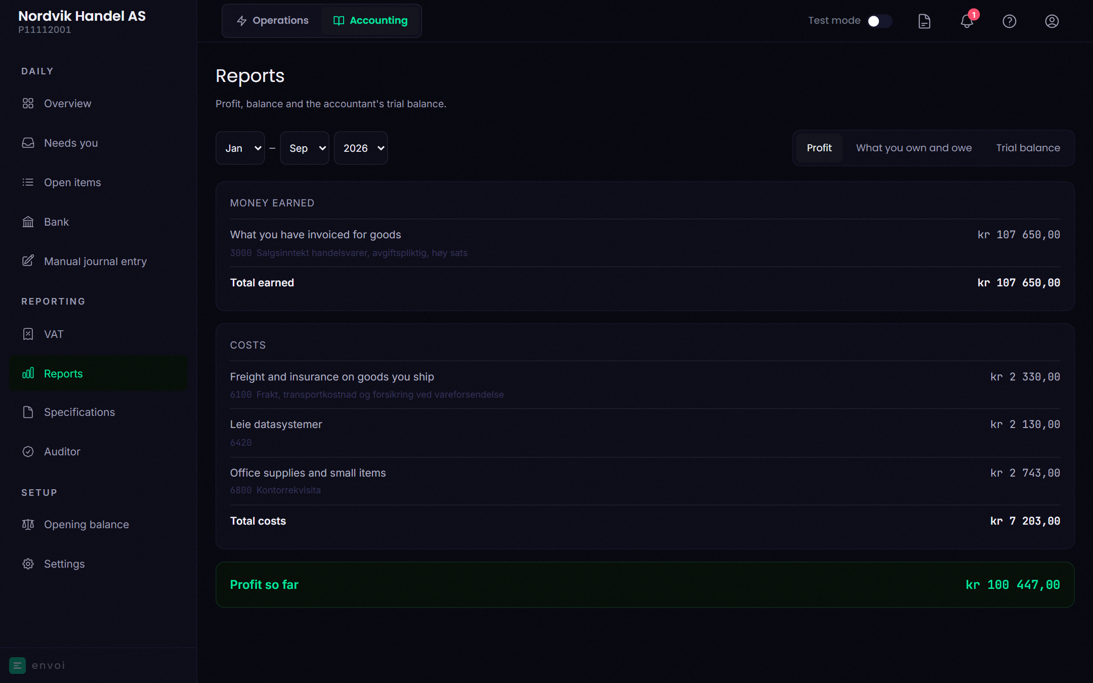 Reports with the tabs Profit, What you own and owe and Trial balance
