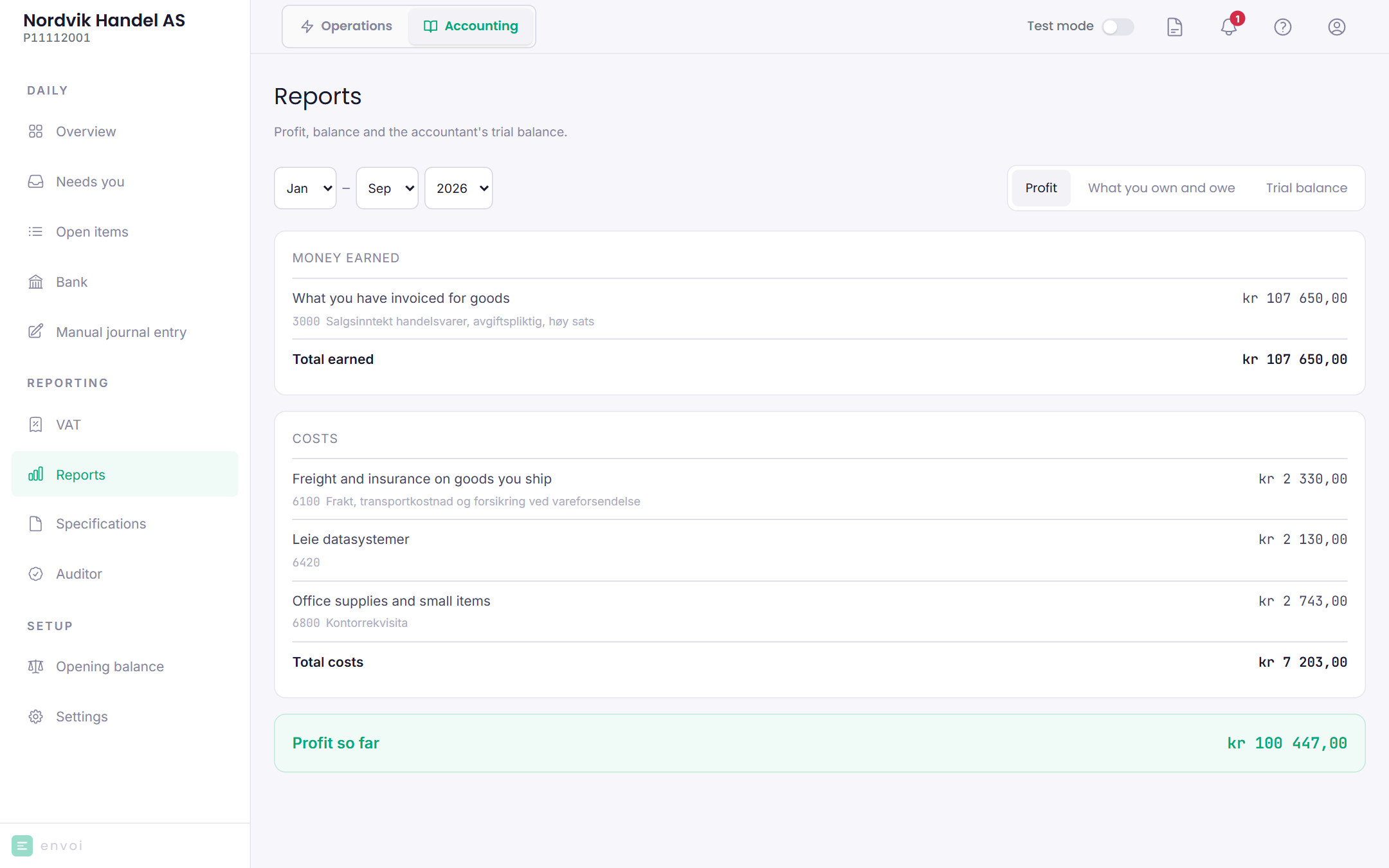 Reports with the tabs Profit, What you own and owe and Trial balance