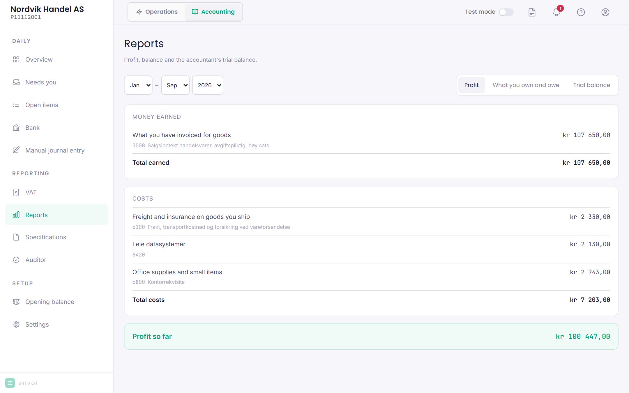 Reports with the tabs Profit, What you own and owe and Trial balance