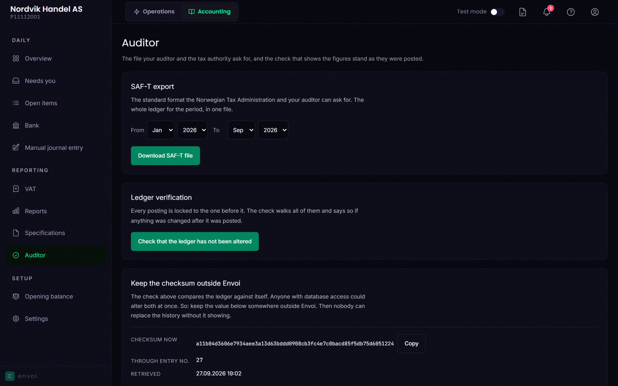 The Auditor page with SAF-T export, check of the books and checksum