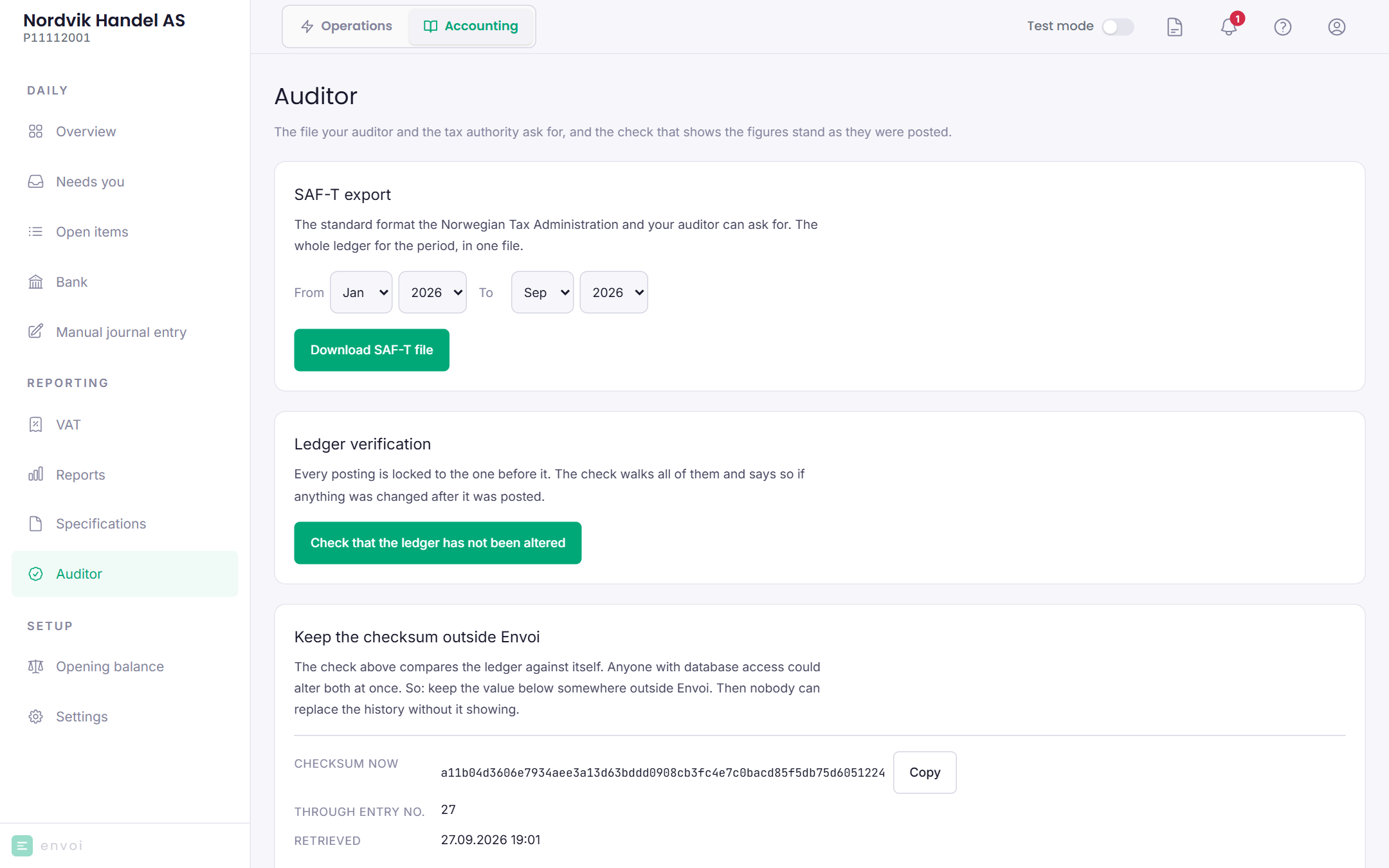 The Auditor page with SAF-T export, check of the books and checksum