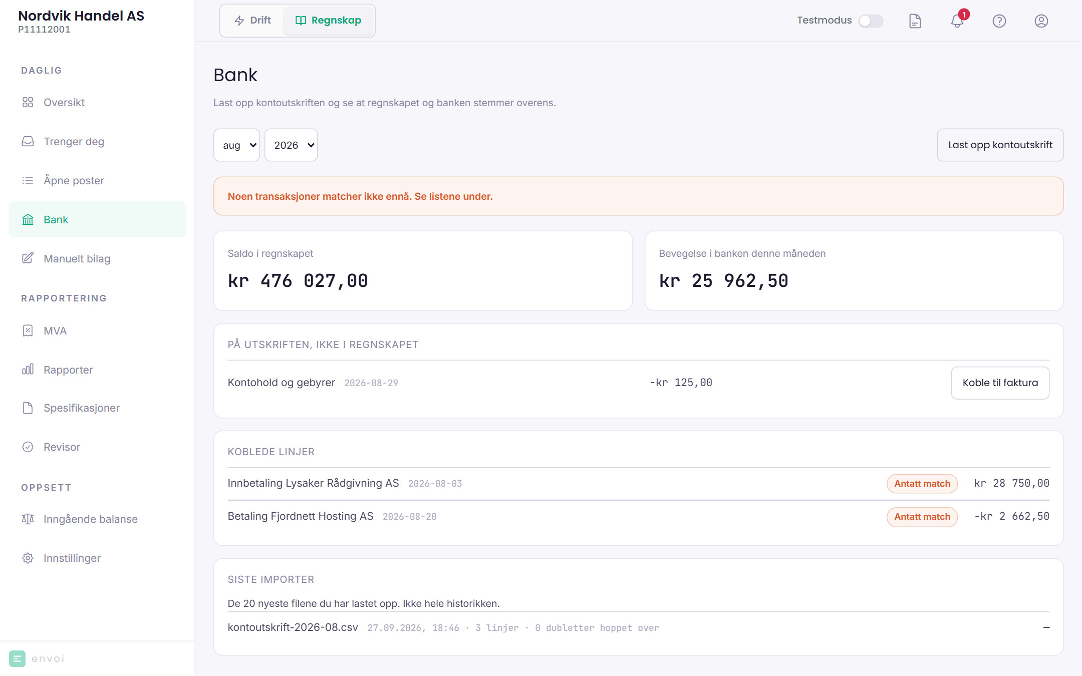 Bank-siden med koblede linjer og én linje som ikke er i regnskapet