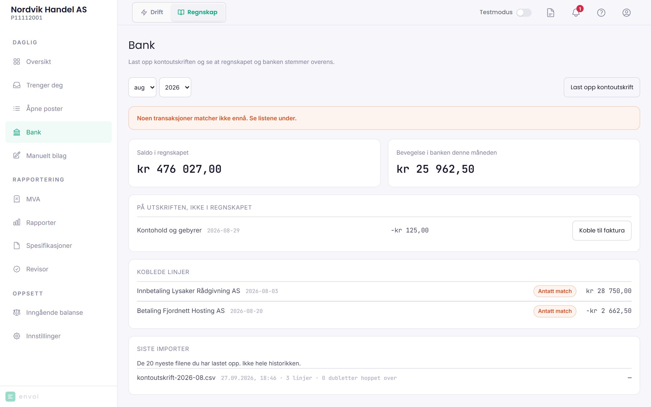 Bank-siden med koblede linjer og én linje som ikke er i regnskapet