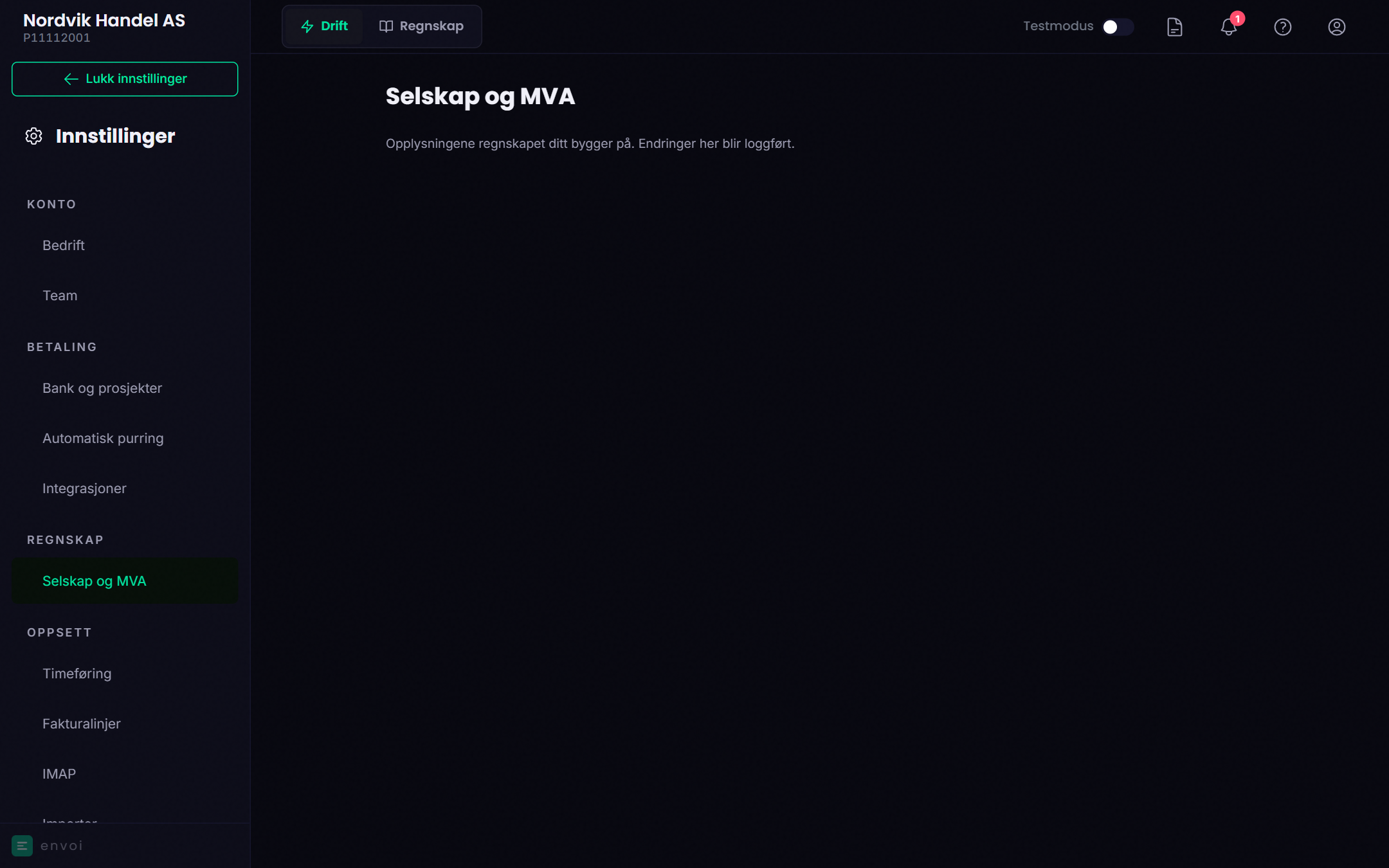 Innstillingene Selskap og MVA