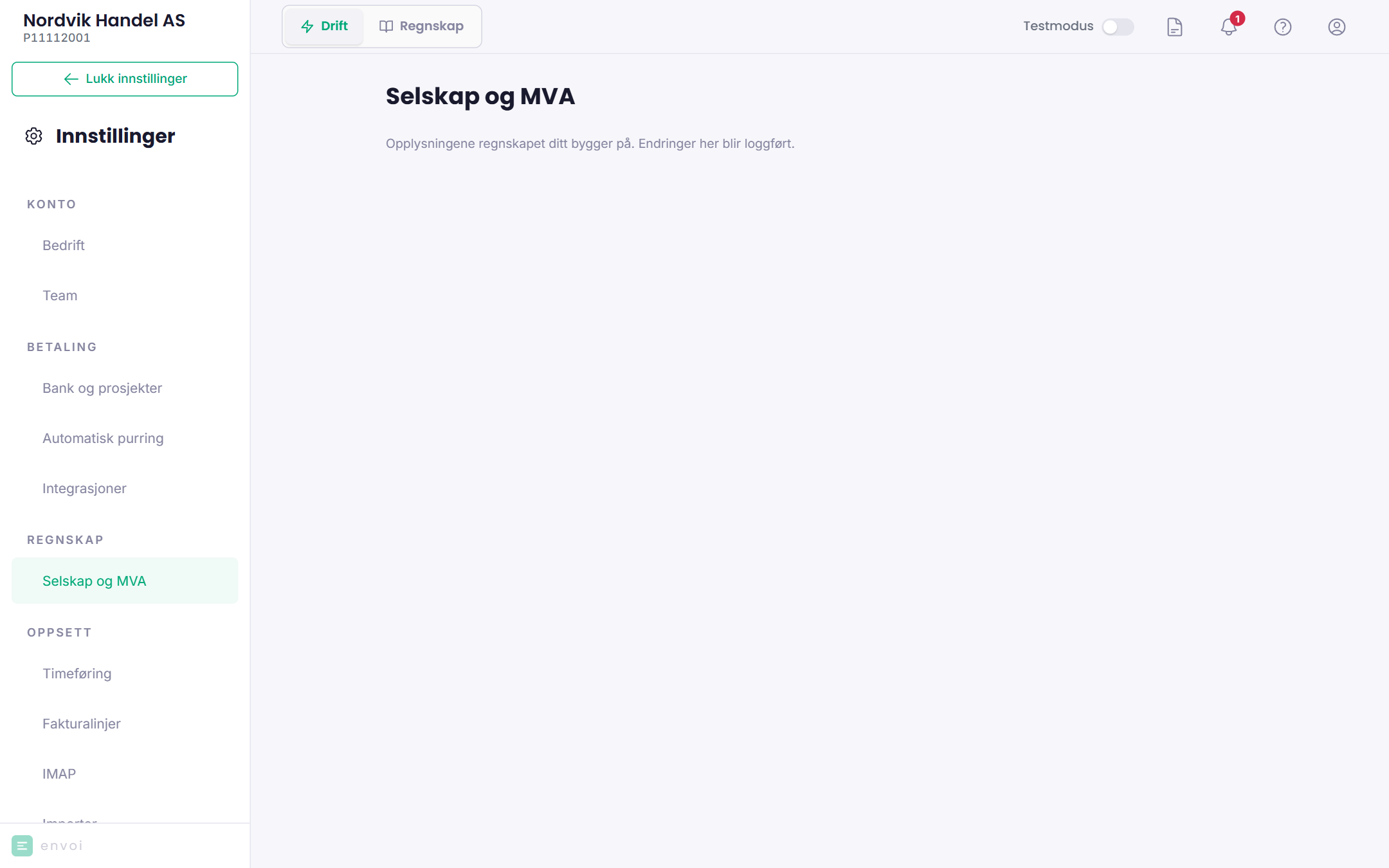Innstillingene Selskap og MVA