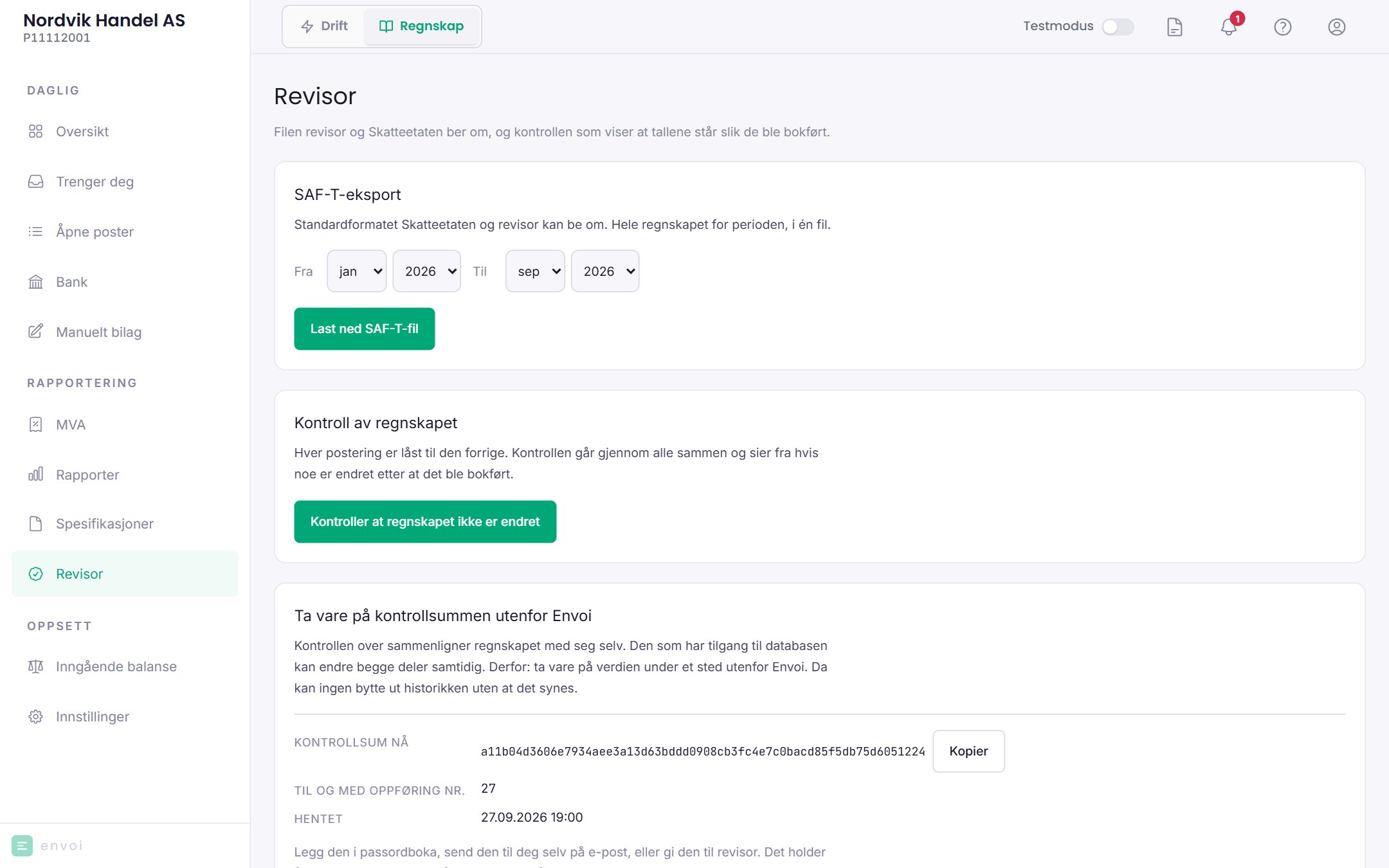 Revisor-siden med SAF-T-eksport, kontroll av regnskapet og kontrollsum