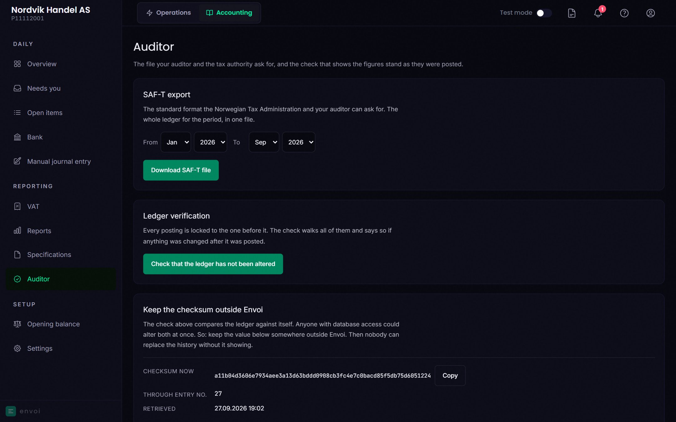 The Auditor page with SAF-T export, check of the books and checksum