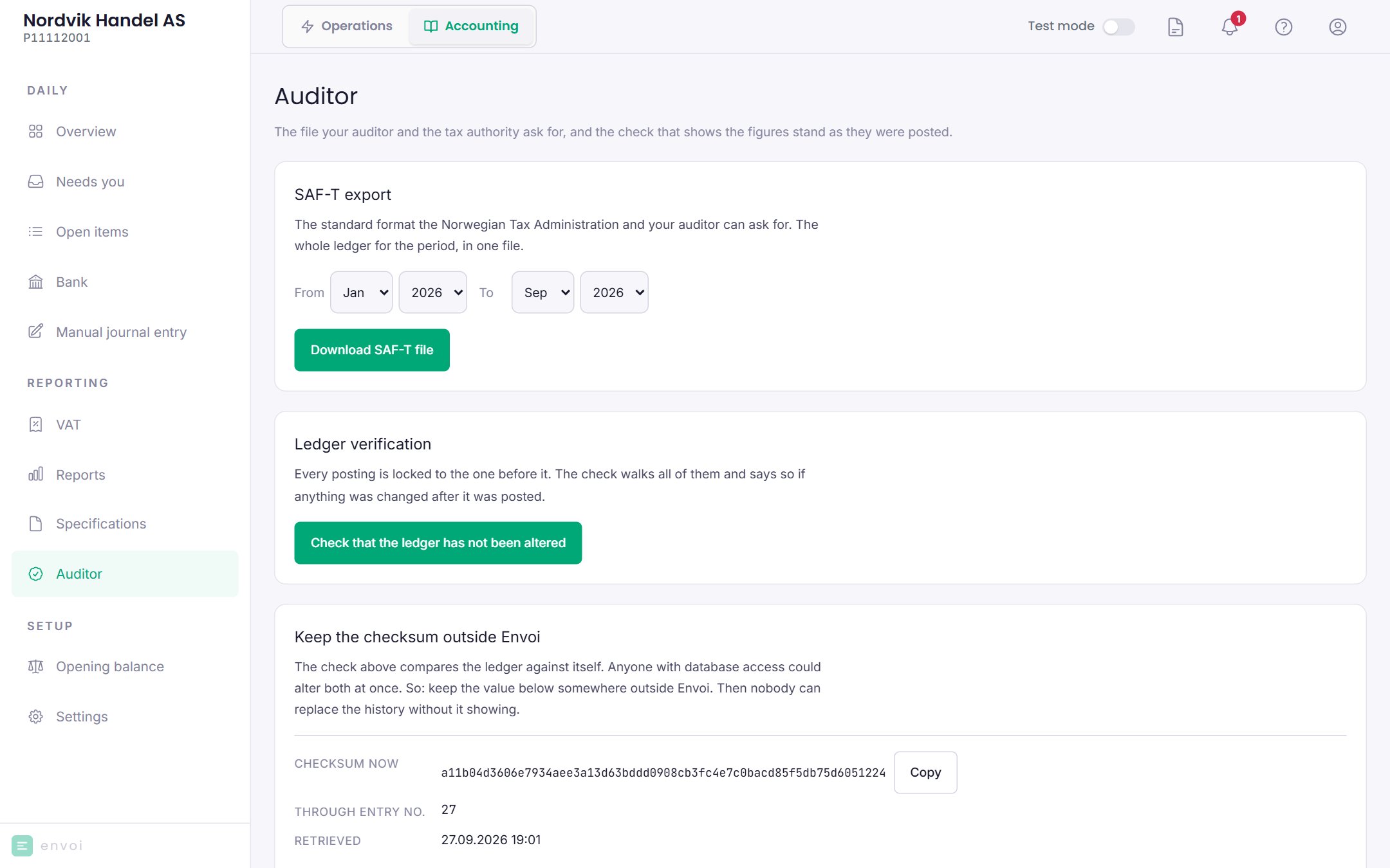 The Auditor page with SAF-T export, check of the books and checksum