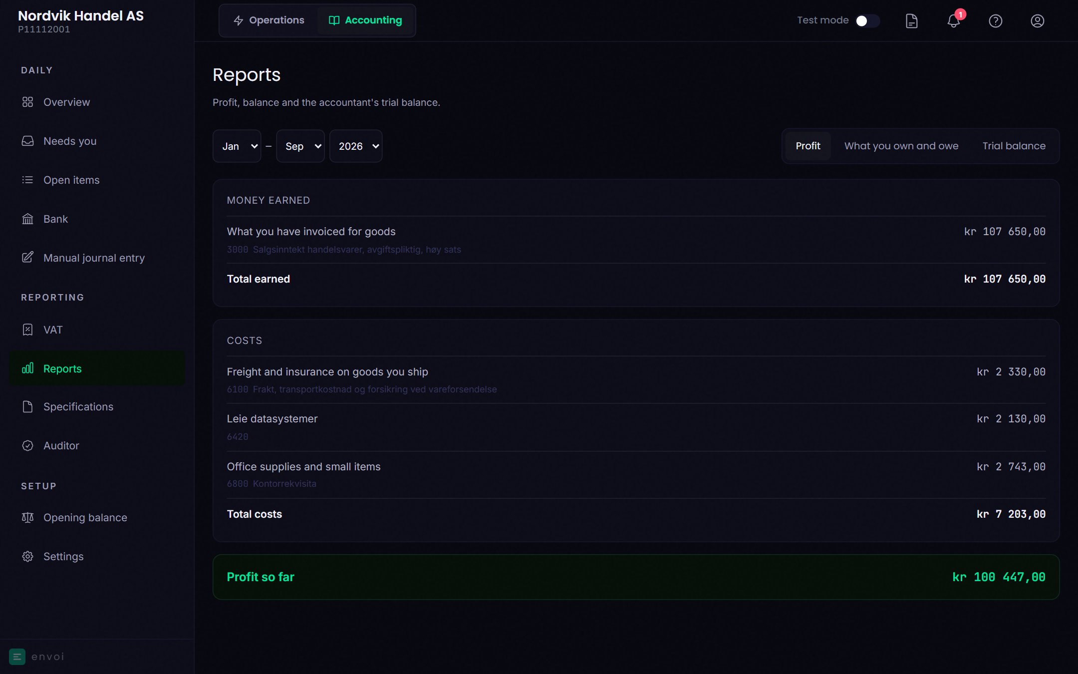 Reports with the tabs Profit, What you own and owe and Trial balance