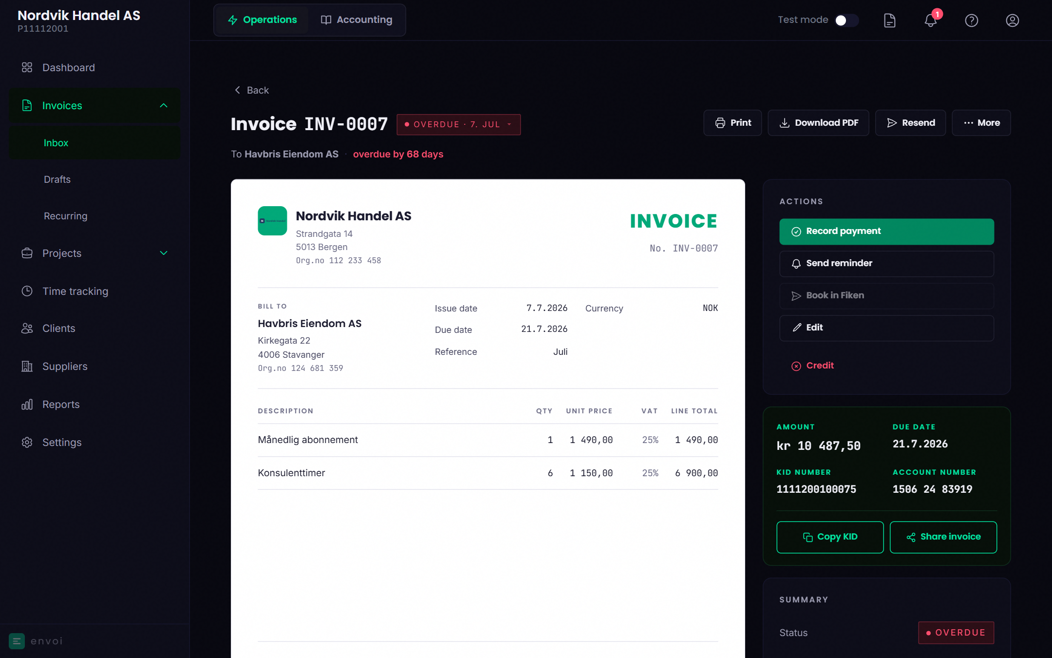 An overdue invoice with the actions Record payment, Send reminder and Credit